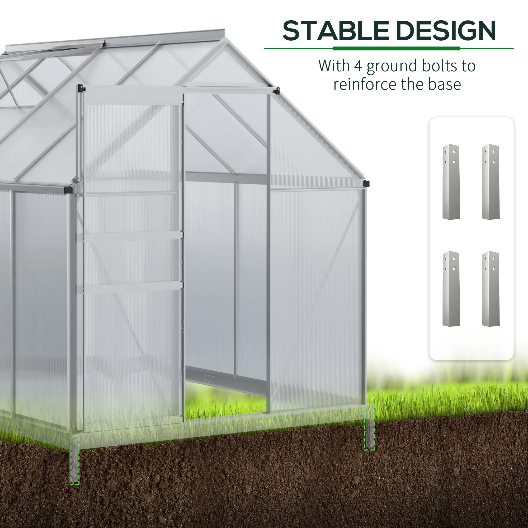 Outsunny Polycarbonate Walk-in Garden Greenhouse W/ Sliding Door - Image 4