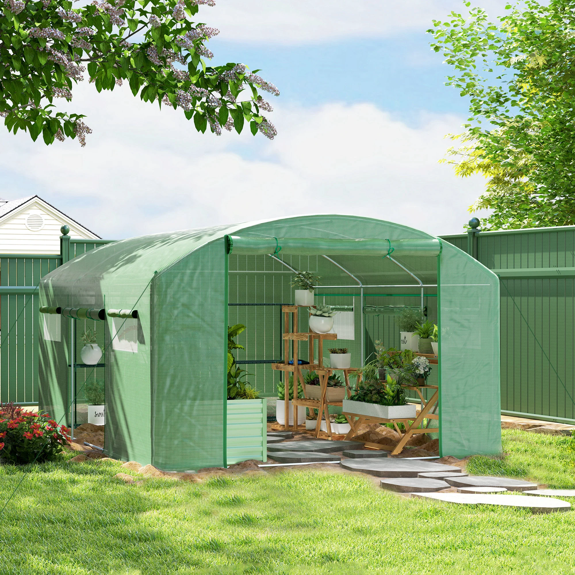 Outsunny Polytunnel Greenhouse with 3 Roll-up Doors, Green - Image 11