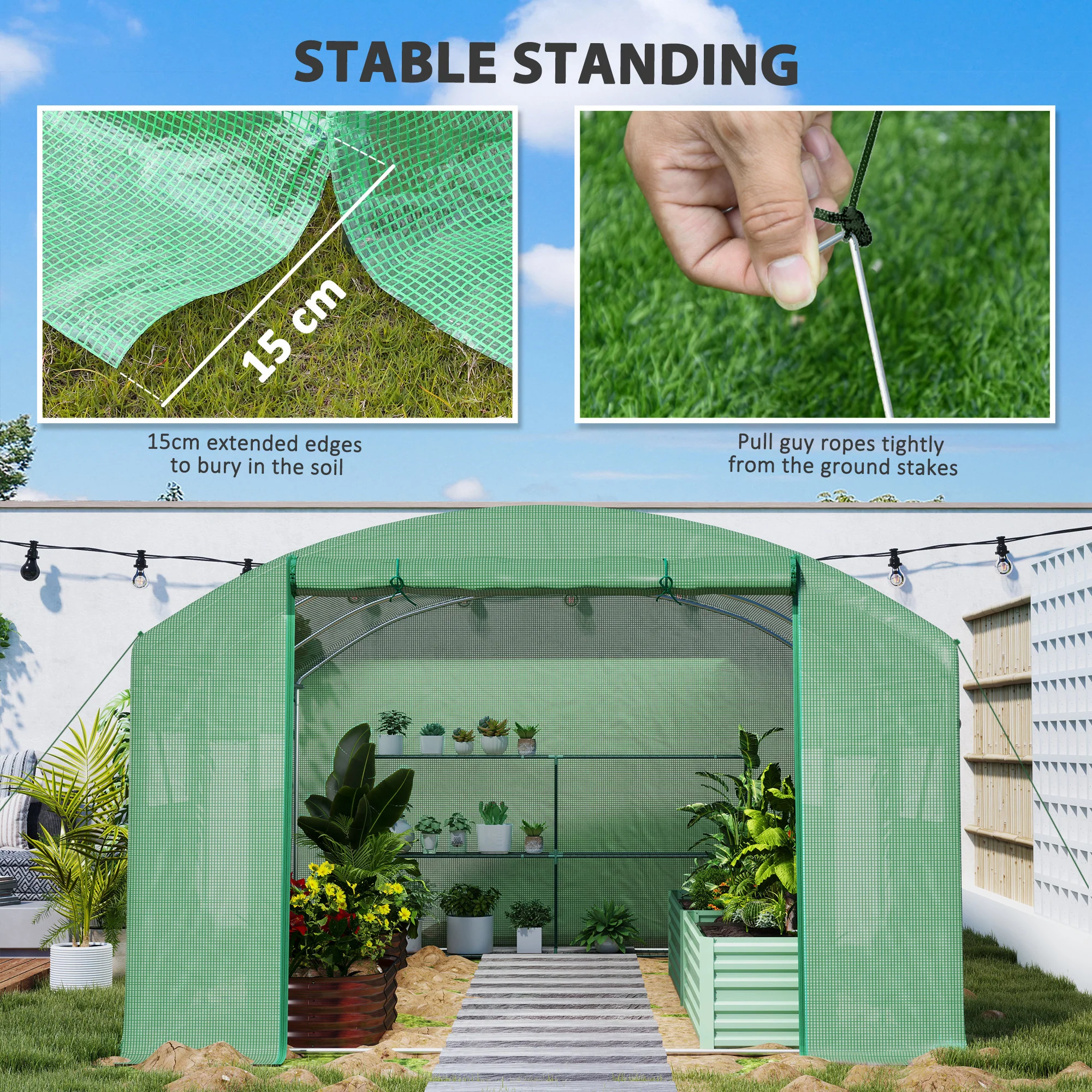 Outsunny Polytunnel Greenhouse with 3 Roll-up Doors, Green - Image 17