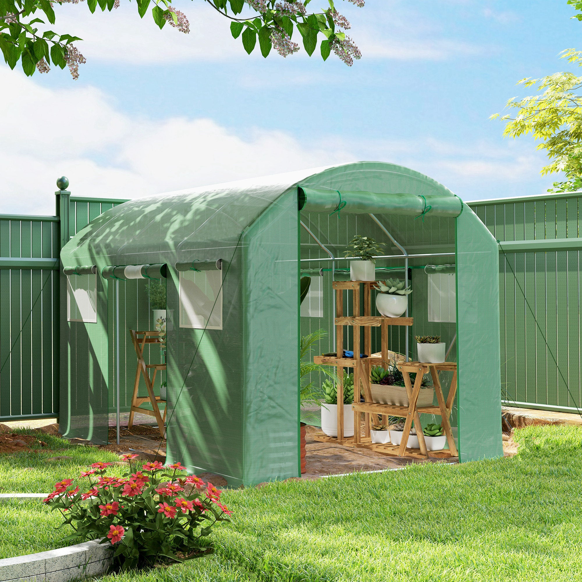 Outsunny Polytunnel Greenhouse with 3 Roll-up Doors, Green - Image 2