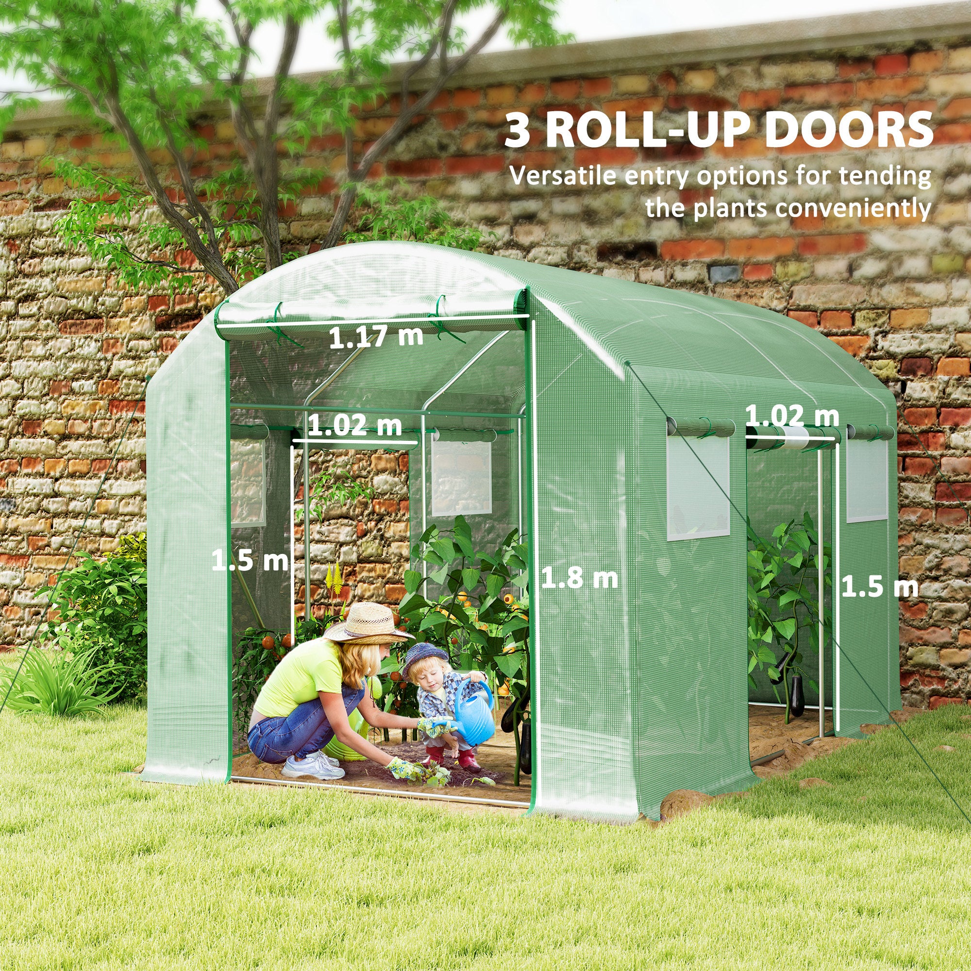 Outsunny Polytunnel Greenhouse with 3 Roll-up Doors, Green - Image 3