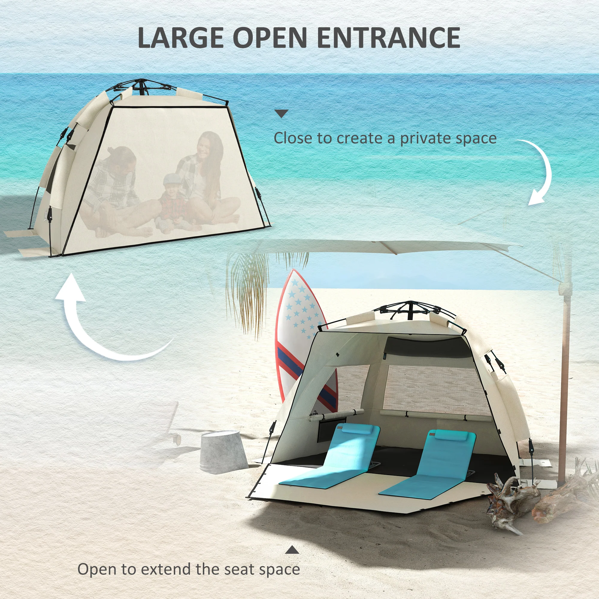 Outsunny Pop Up Beach Tent For 2-3 Person With Carry Bag, UPF15+, Khaki - Image 4