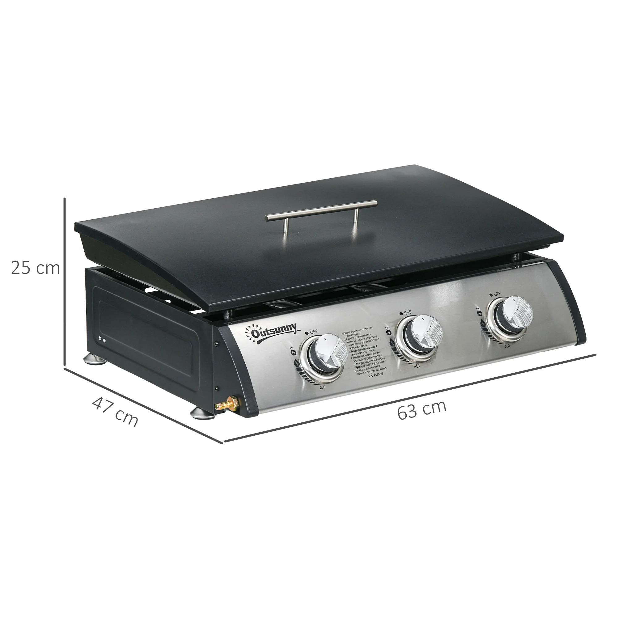 Outsunny Portable Gas Plancha BBQ Grill with 3 Burners, Non-Stick Griddle, Lid - Image 5