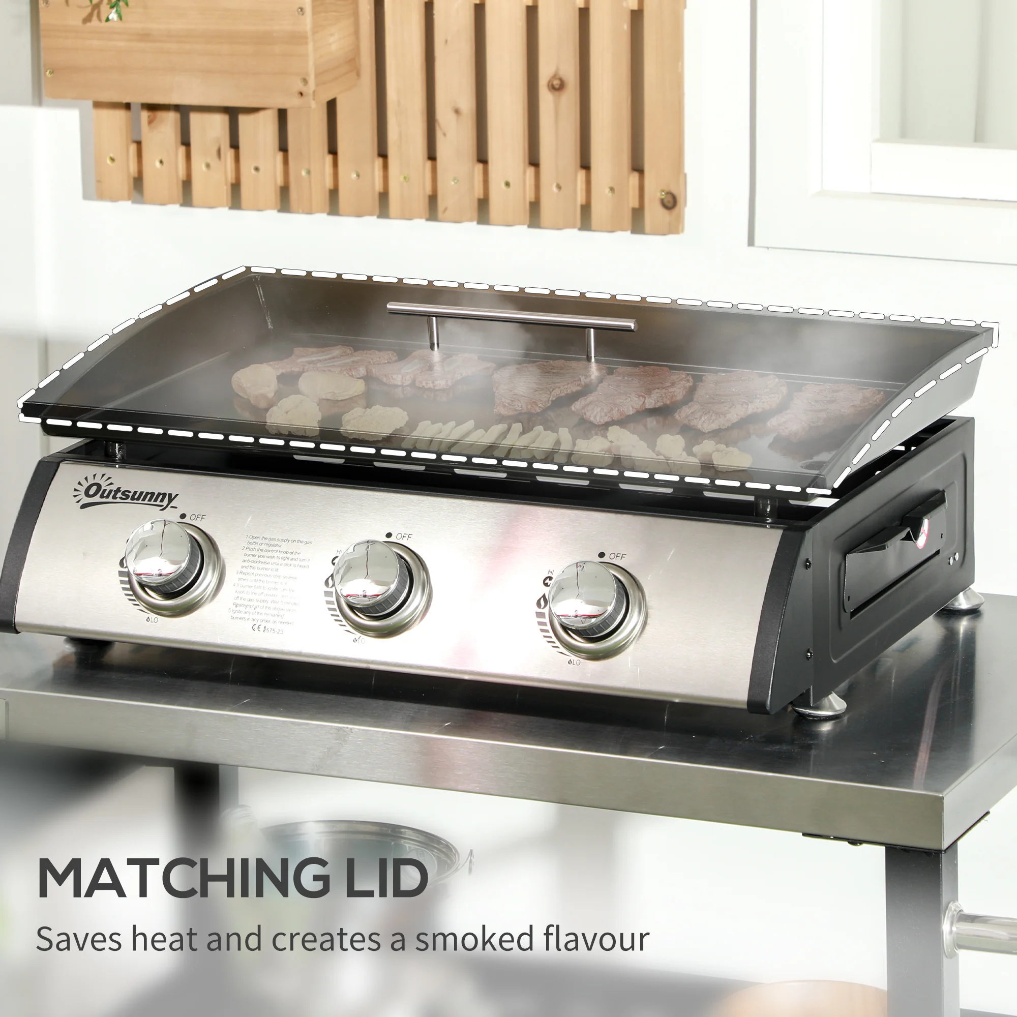 Outsunny Portable Gas Plancha BBQ Grill with 3 Burners, Non-Stick Griddle, Lid - Image 6