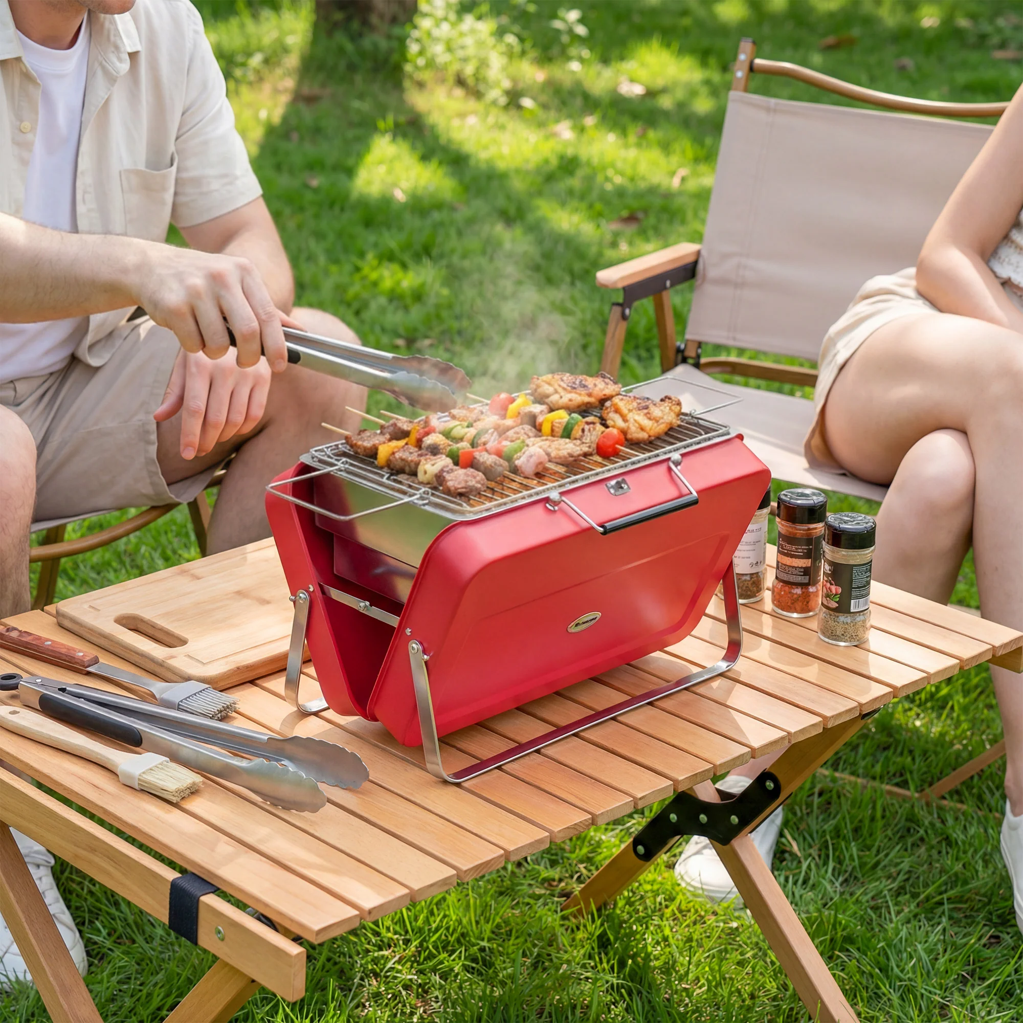 Outsunny Portable Mini Charcoal Barbecue Grill With Suitcase Shell, Red - Image 8