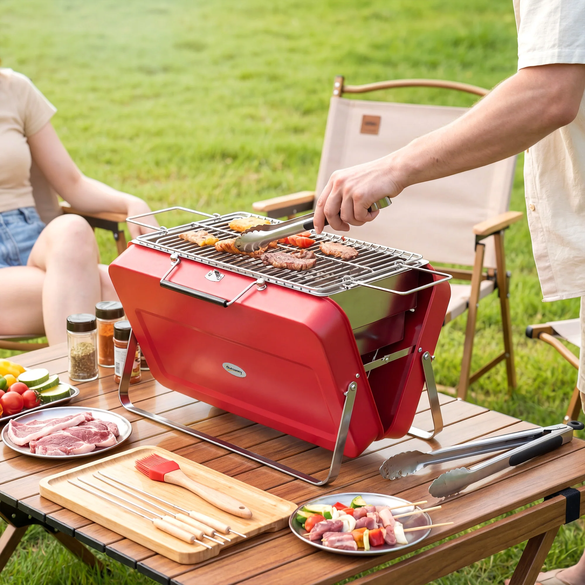 Outsunny Portable Mini Charcoal Barbecue Grill With Suitcase Shell, Red - Image 9