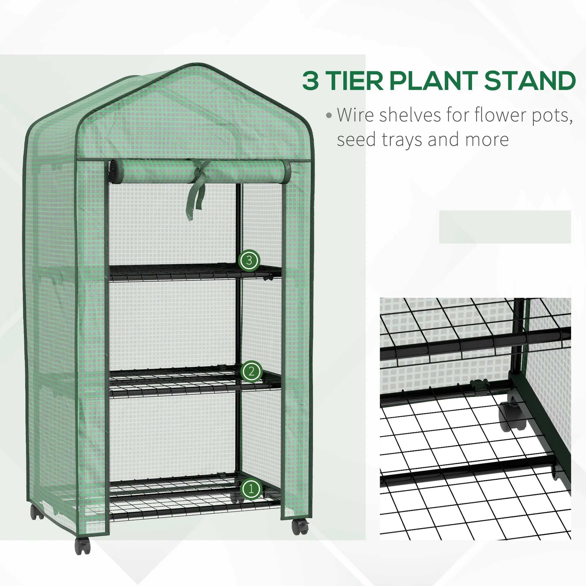 Outsunny Portable Mini Greenhouse with Roll-up Door and Wheels, Green - Image 3