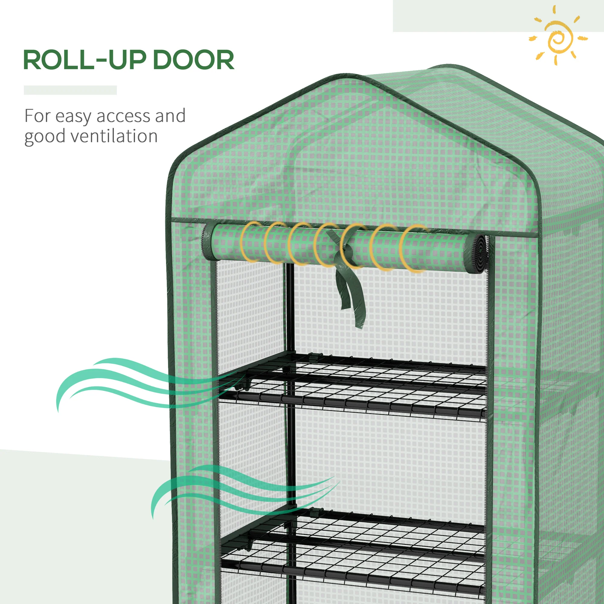 Outsunny Portable Mini Greenhouse with Roll-up Door and Wheels, Green - Image 7