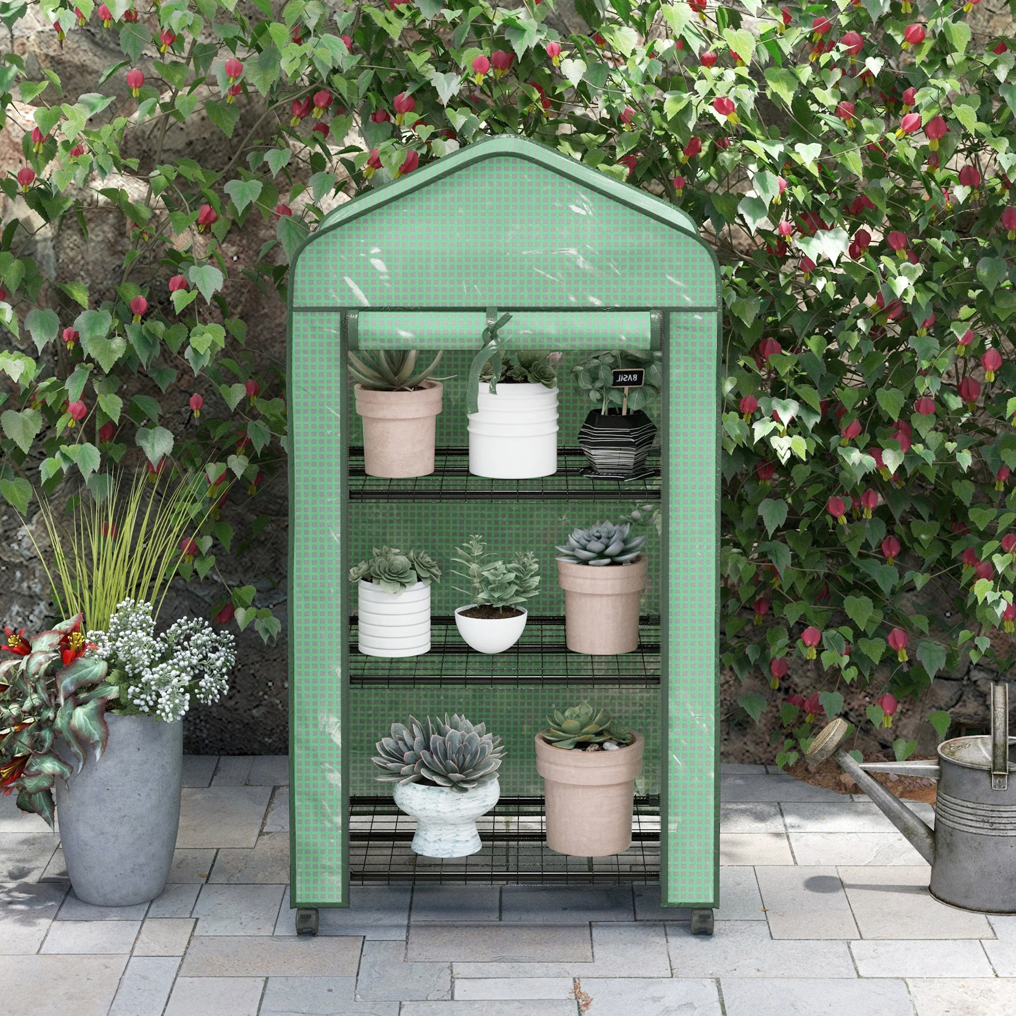Outsunny Portable Mini Greenhouse with Roll-up Door and Wheels, Green - Image 9
