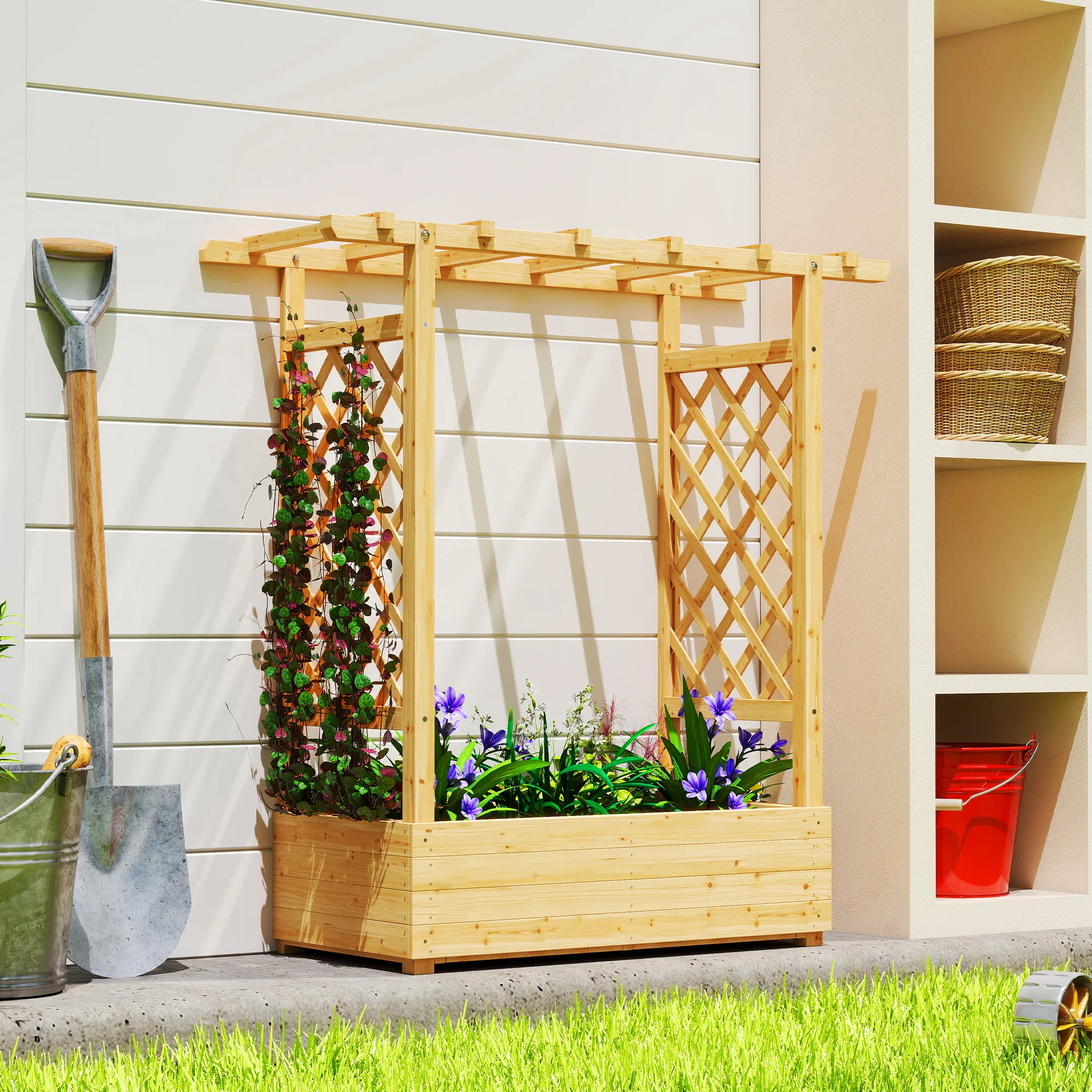 Outsunny Raised Bed for Garden with Trellis, Natural - Image 2