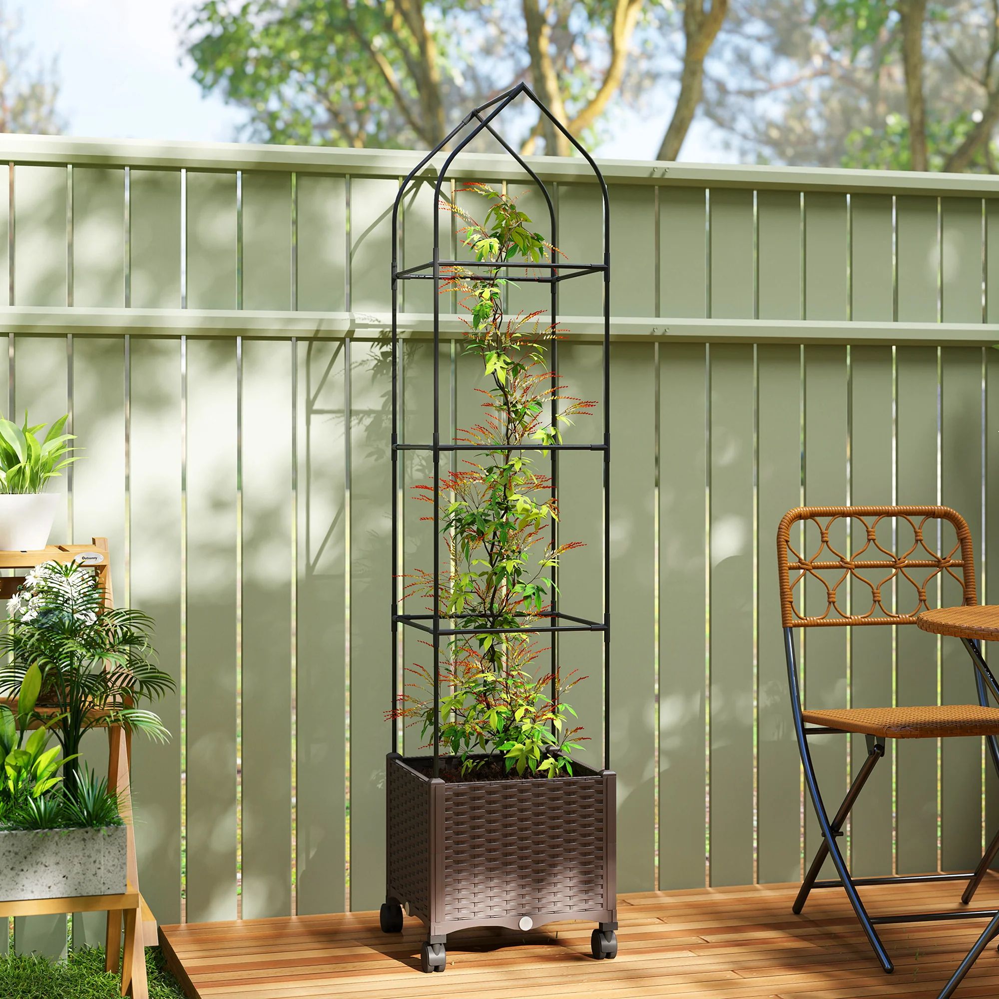 Outsunny Raised Garden Bed Tomato Cage with Trellis, Drainage Holes, Brown - Image 2