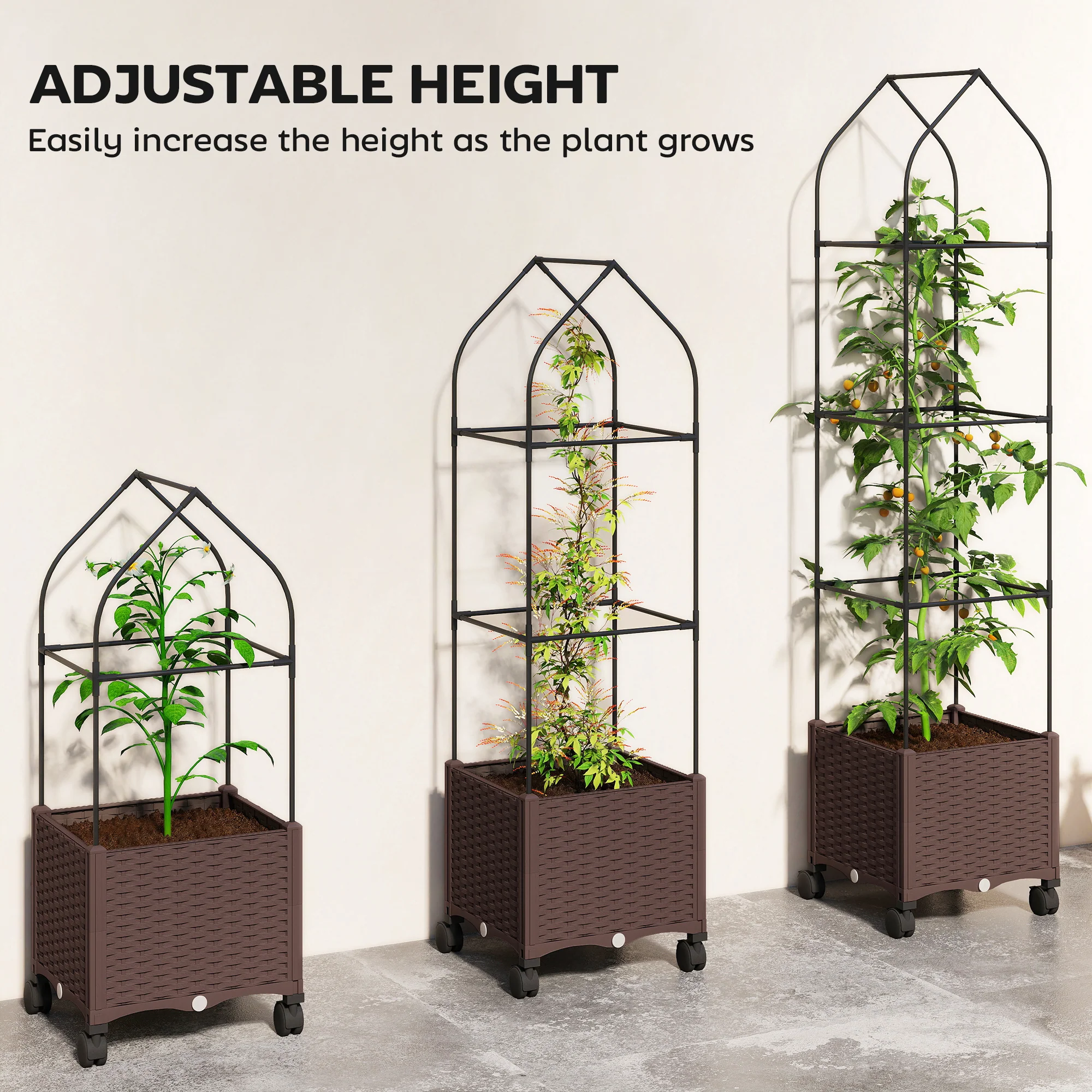Outsunny Raised Garden Bed Tomato Cage with Trellis, Drainage Holes, Brown - Image 5