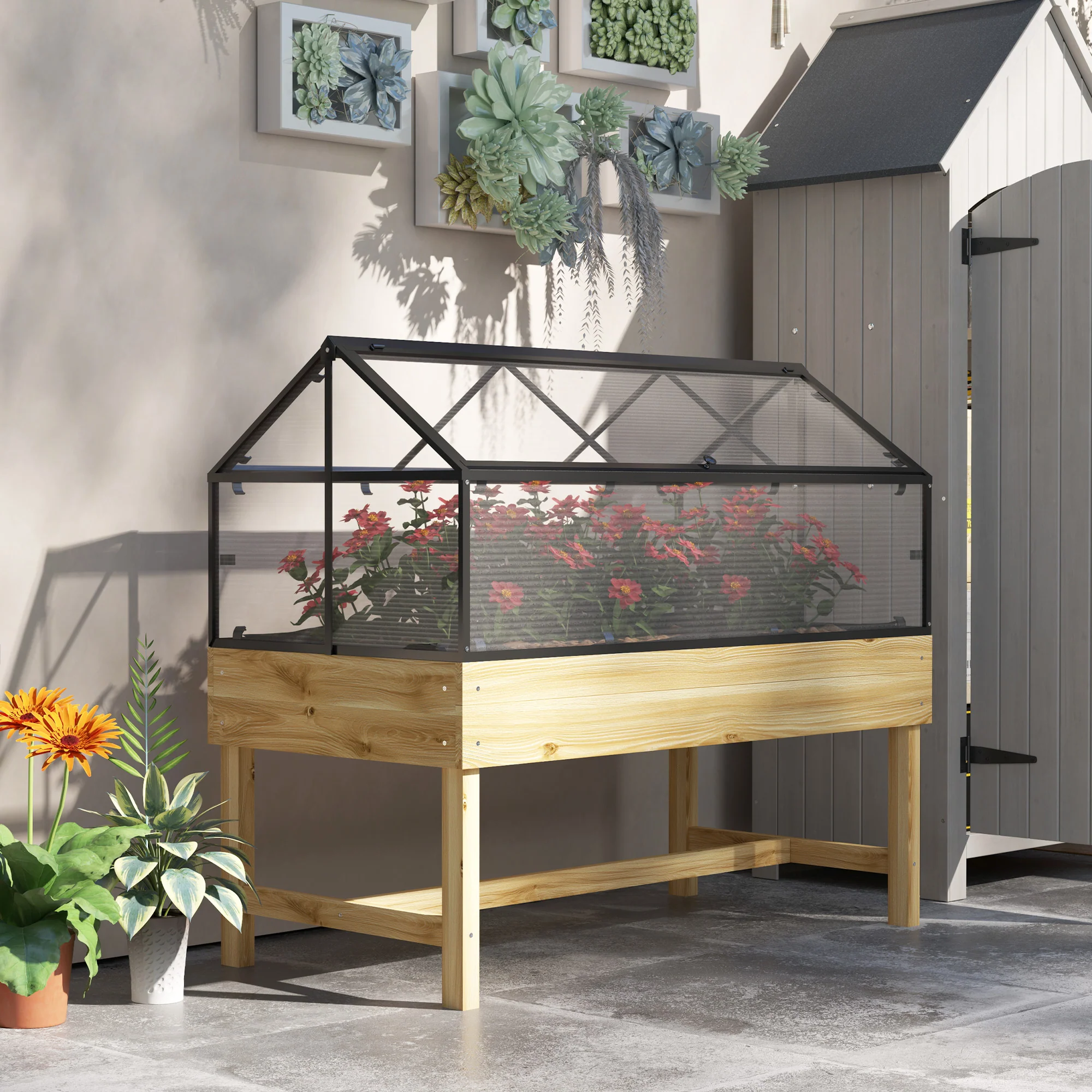 Outsunny Raised Garden Bed With Polycarbonate Panel, Natural - Image 2