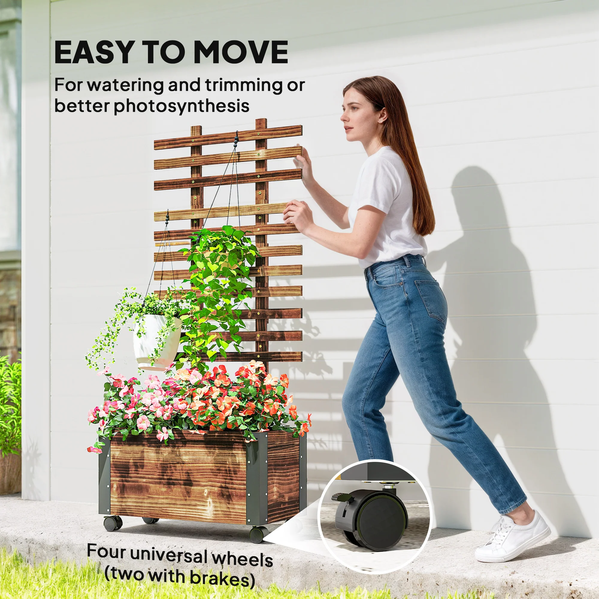 Outsunny Raised Garden Bed, Wooden Planter with Trellis and Wheels - Image 4