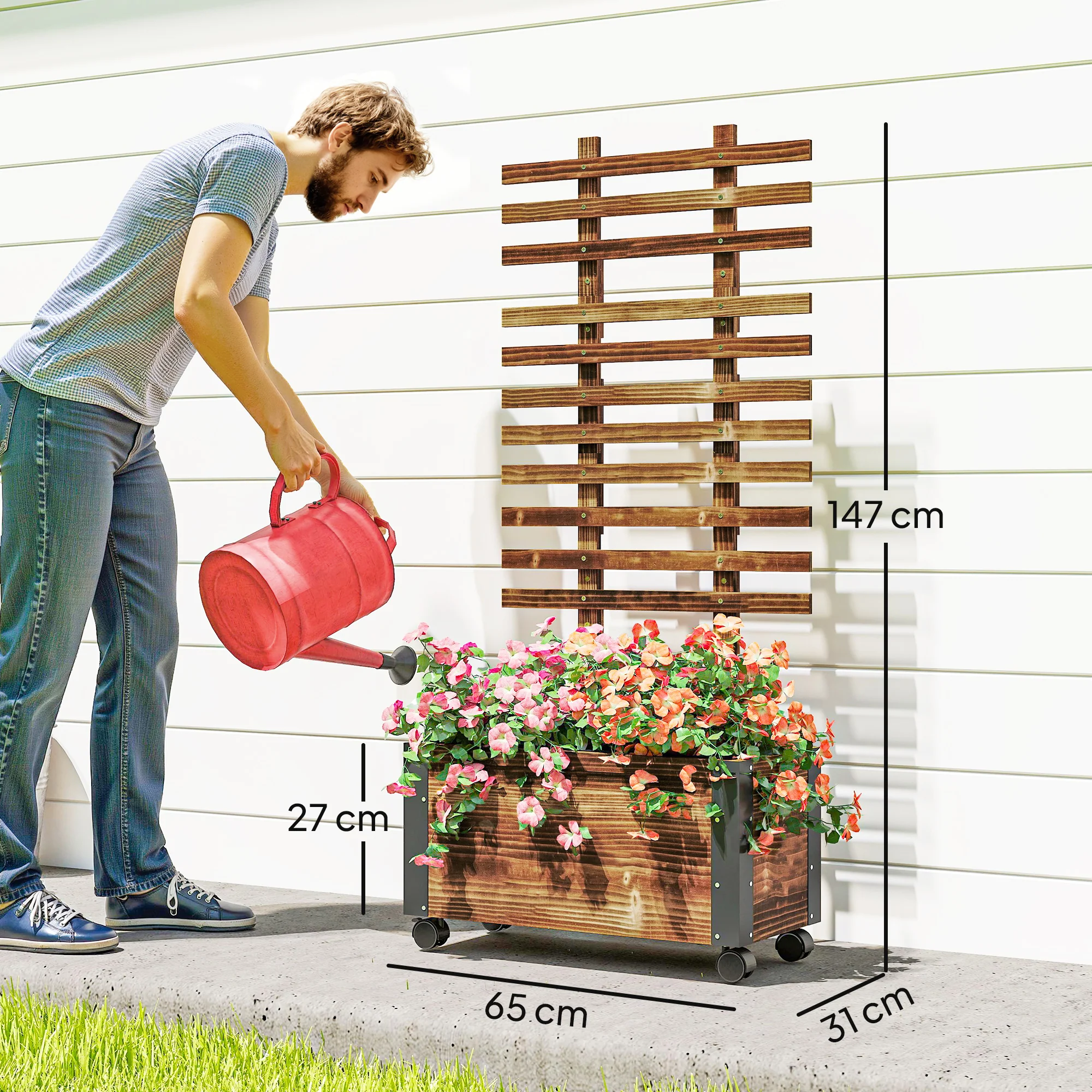 Outsunny Raised Garden Bed, Wooden Planter with Trellis and Wheels - Image 5