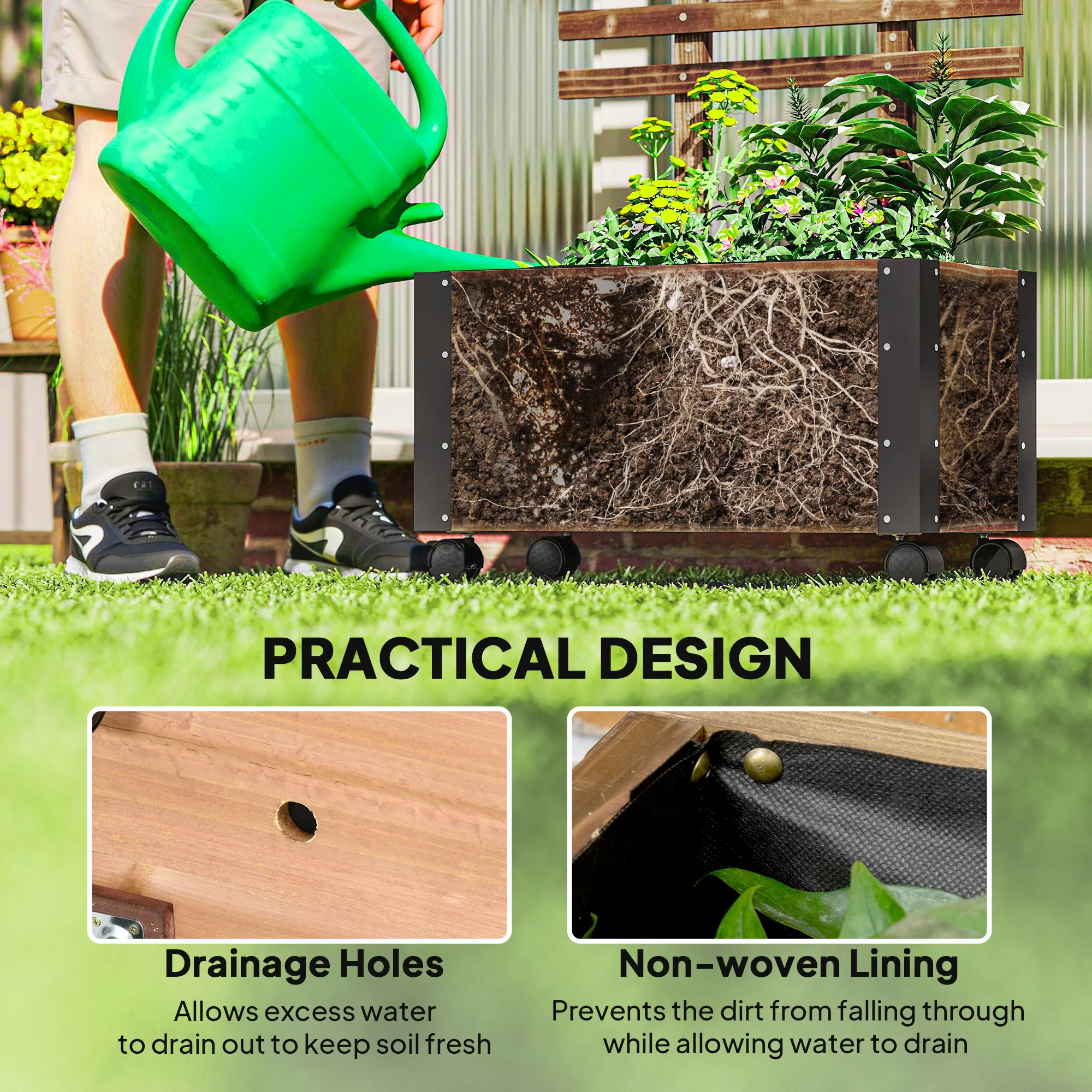 Outsunny Raised Garden Bed, Wooden Planter with Trellis and Wheels - Image 7
