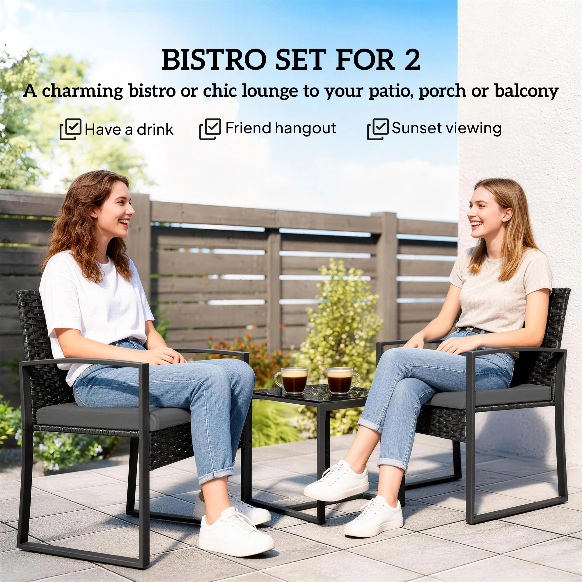 Outsunny Rattan Bistro Set, 3 PCS Garden Furniture with Cushion, Dark Grey - Image 4