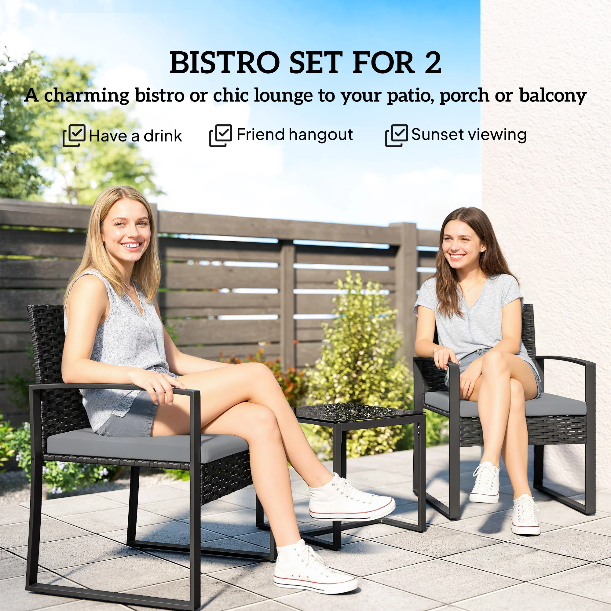 Outsunny Rattan Bistro Set, 3 PCS Garden Furniture with Cushion, Light Grey - Image 4