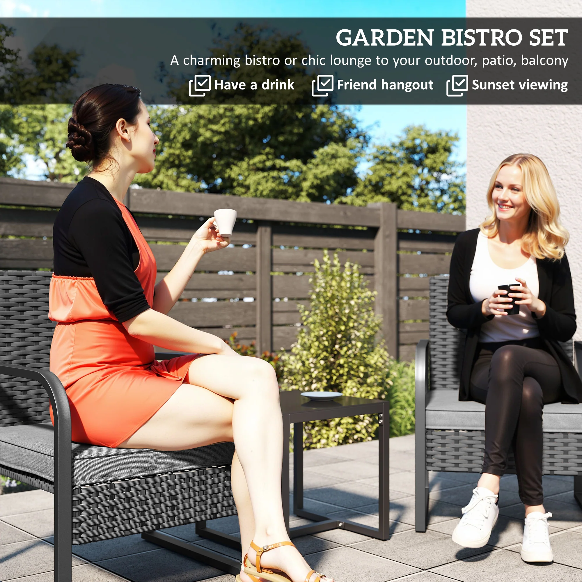 Outsunny Rattan Bistro Set, 3 Piece Garden Furniture Set Cushions, Black - Image 4