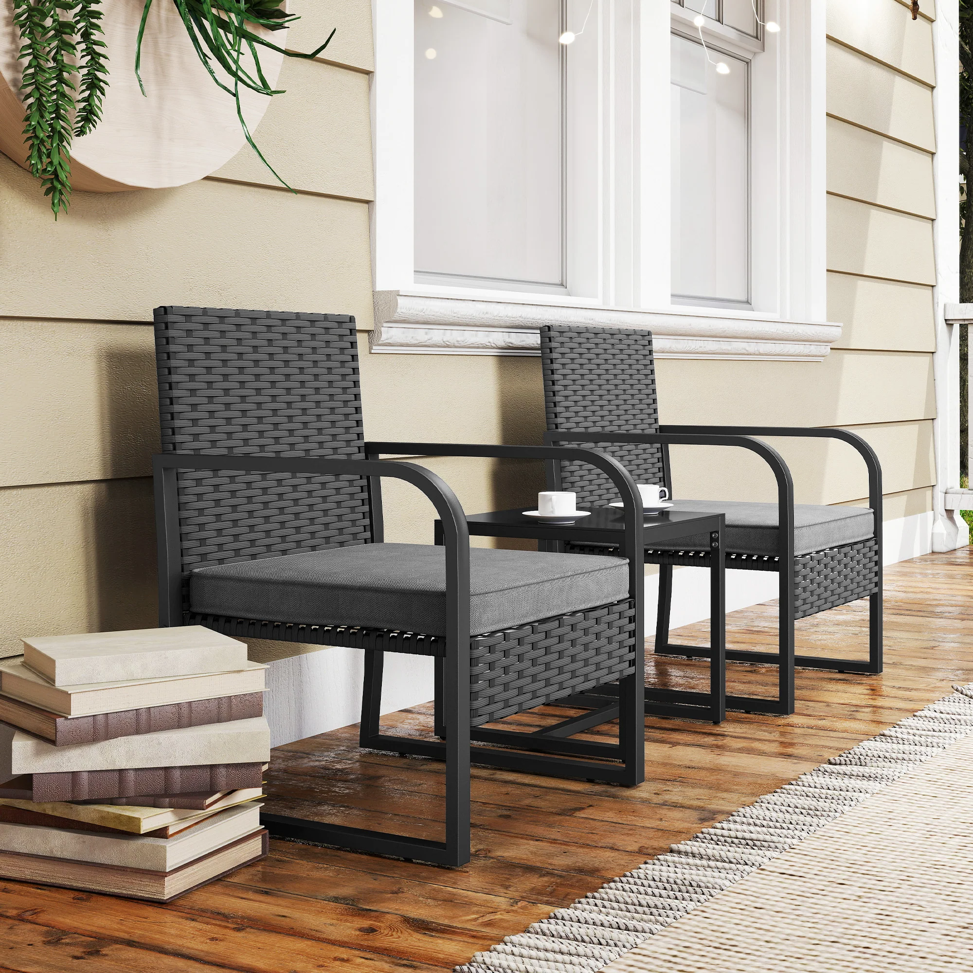 Outsunny Rattan Bistro Set, 3 Piece Garden Furniture Set Cushions, Black - Image 9