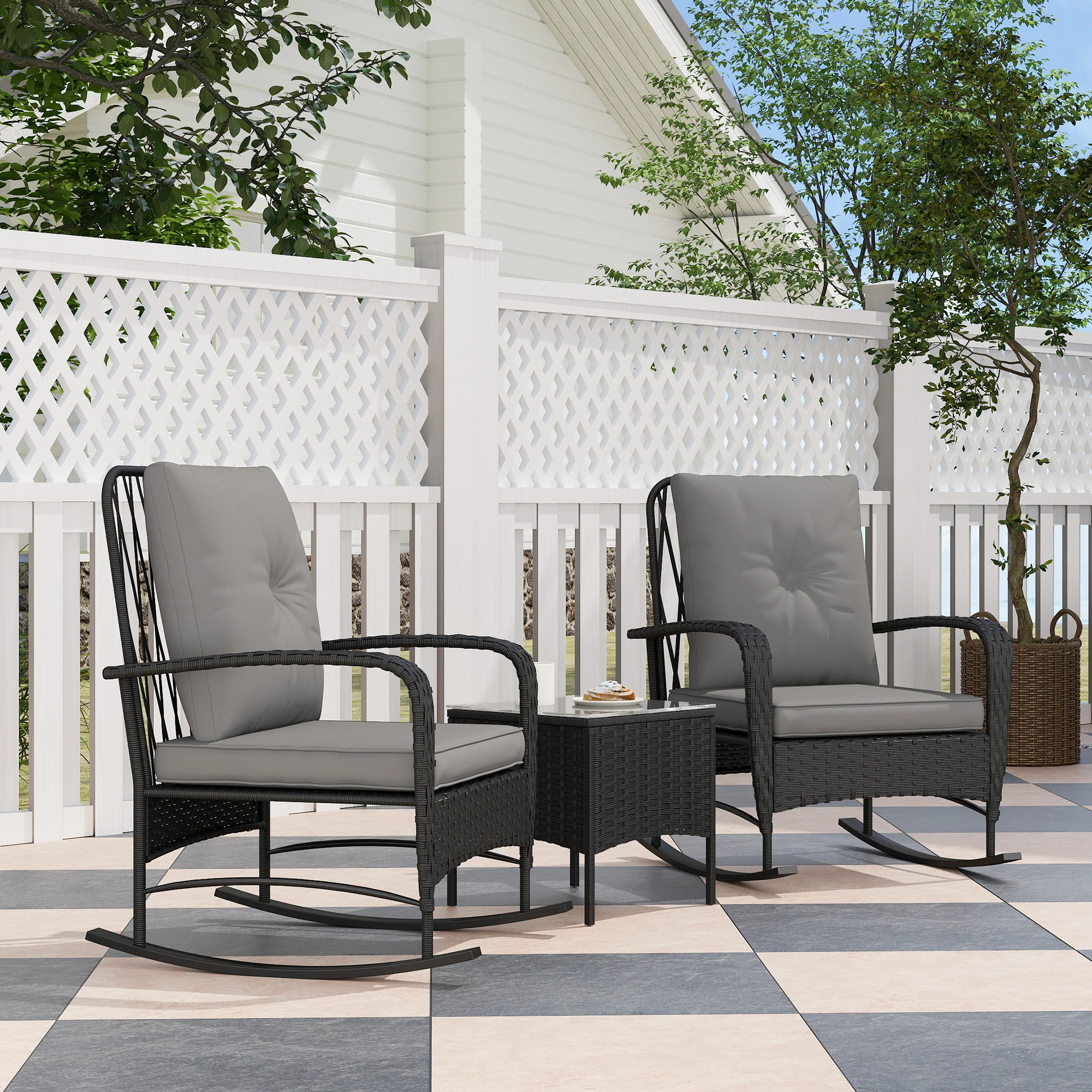 Outsunny Rattan Bistro Set Balcony Furniture with Rocking Chairs, Black - Image 2