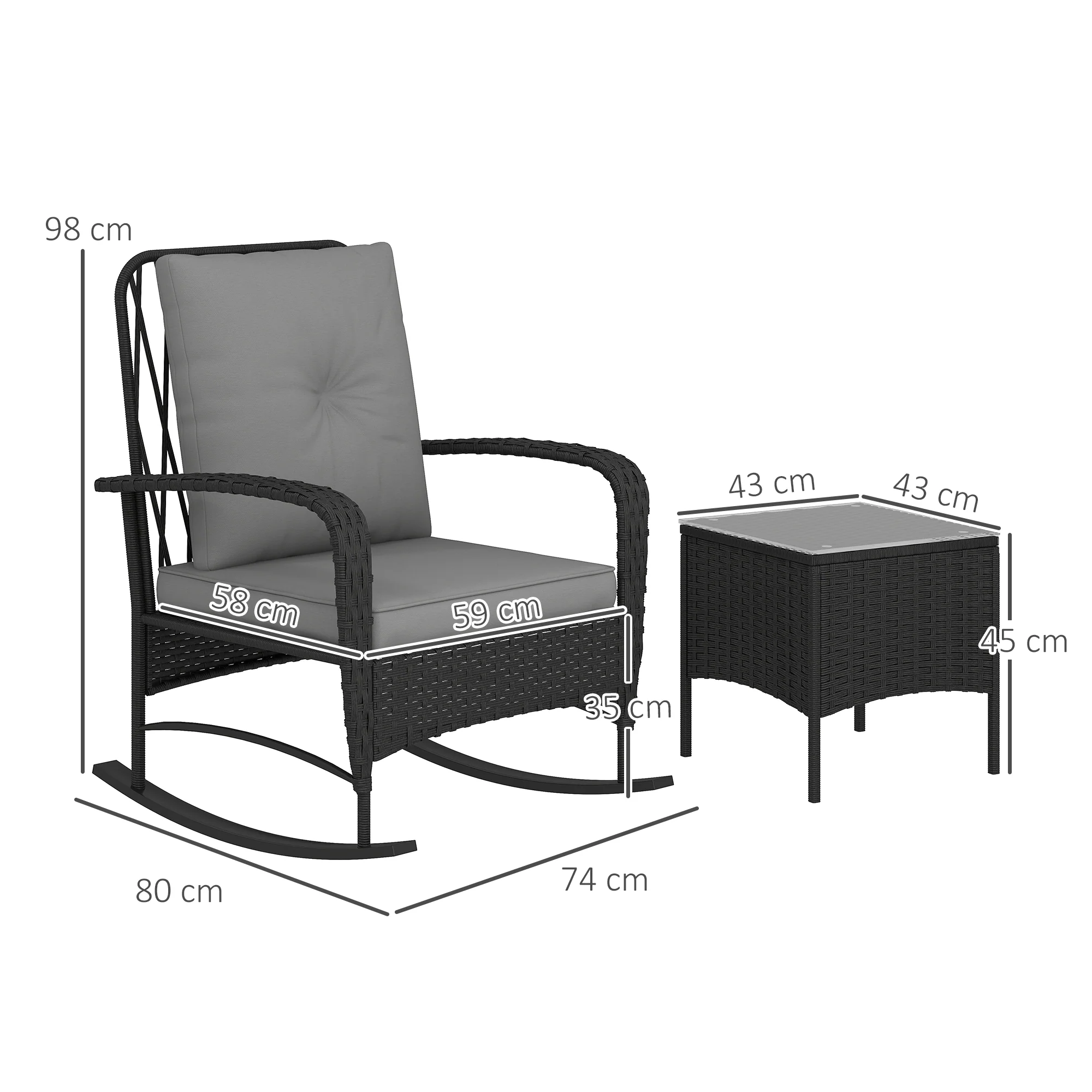 Outsunny Rattan Bistro Set Balcony Furniture with Rocking Chairs, Black - Image 5