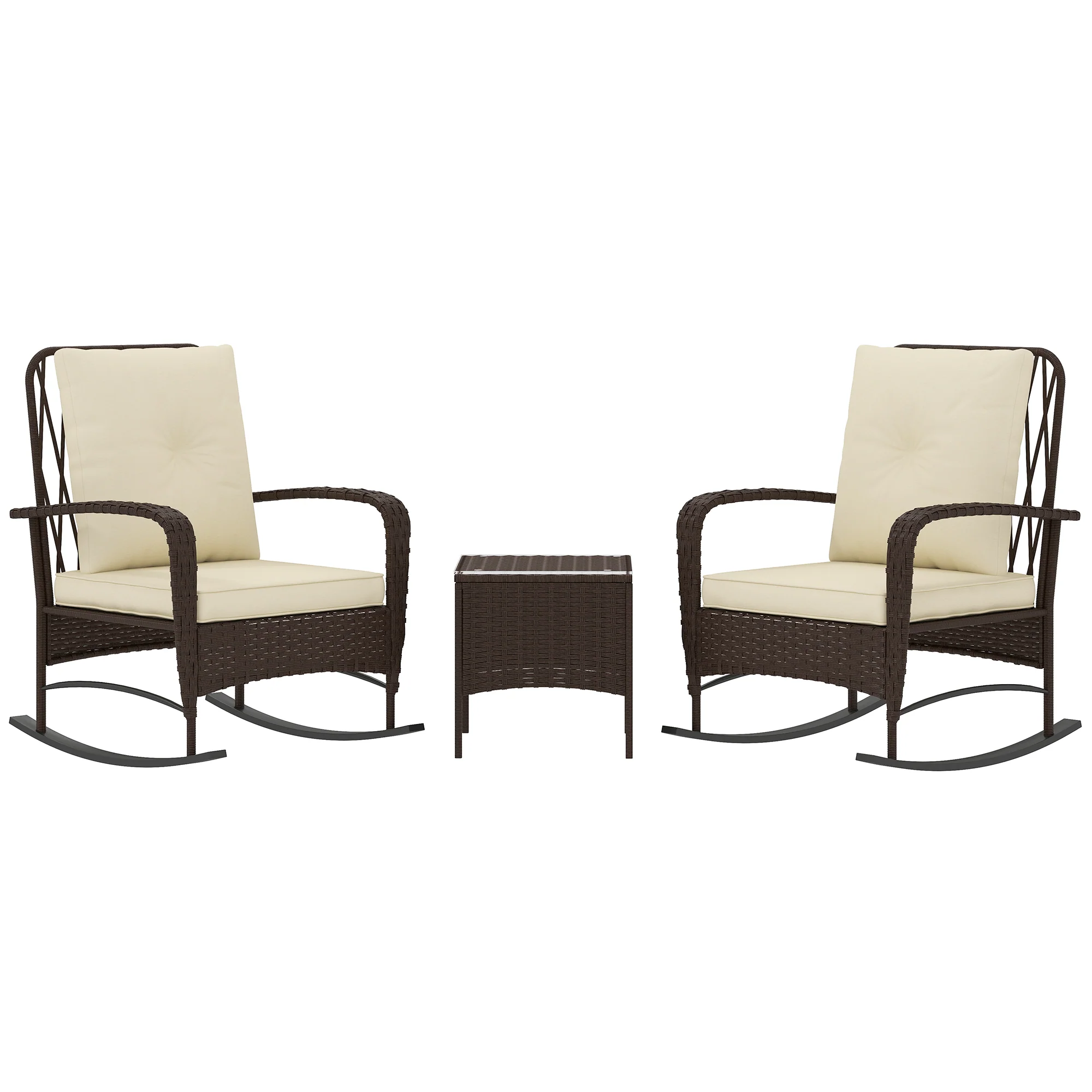 Outsunny Rattan Bistro Set Balcony Furniture With Rocking Chairs, Brown