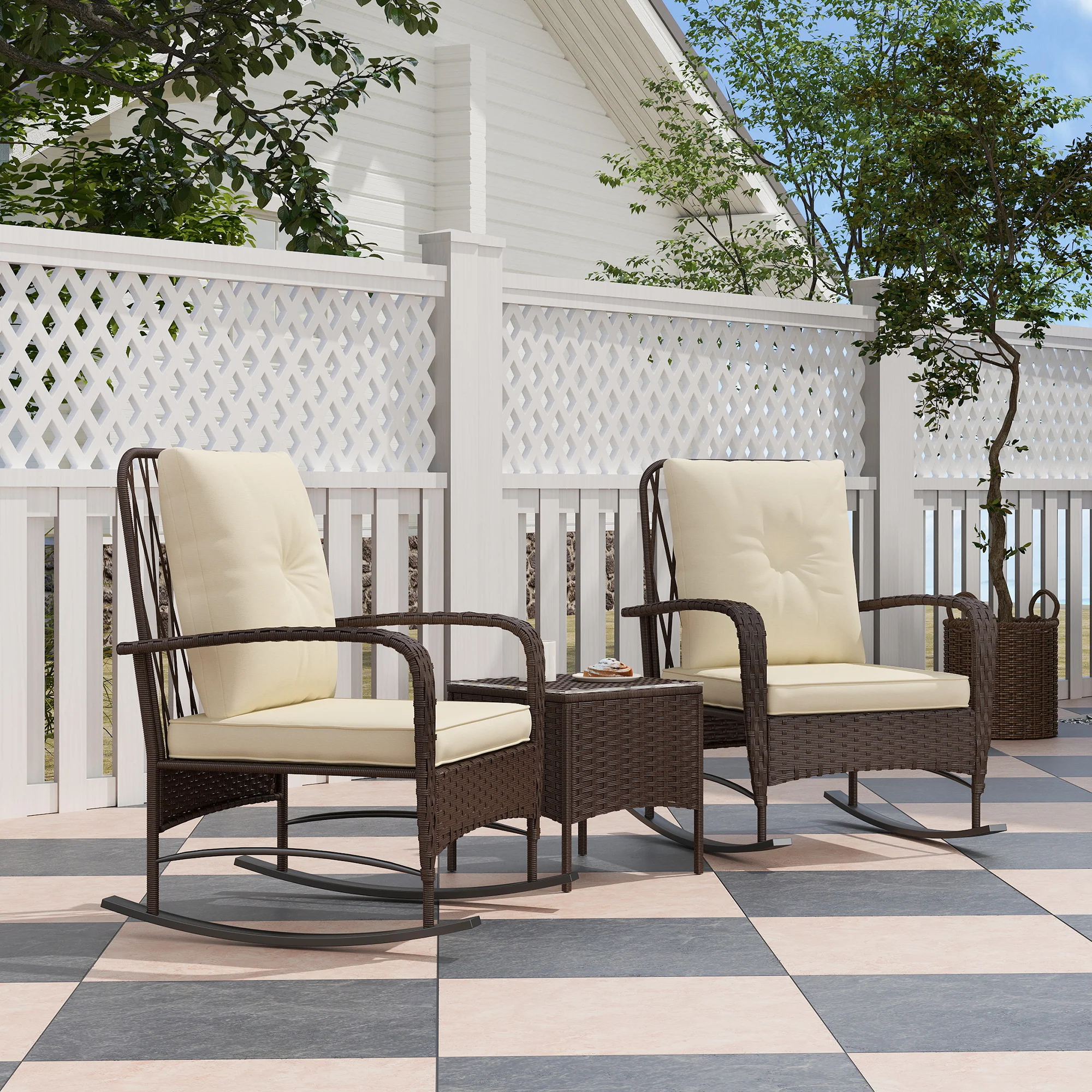 Outsunny Rattan Bistro Set Balcony Furniture With Rocking Chairs, Brown - Image 2