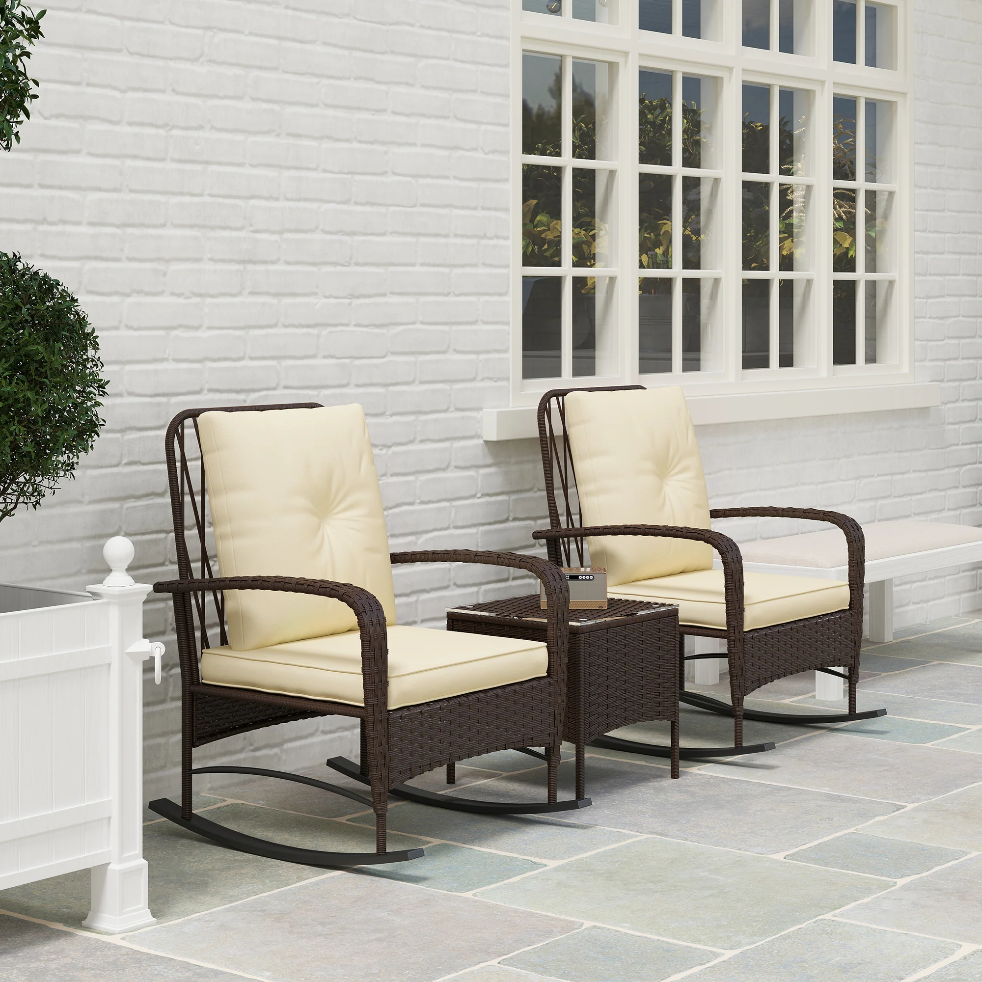 Outsunny Rattan Bistro Set Balcony Furniture With Rocking Chairs, Brown - Image 8