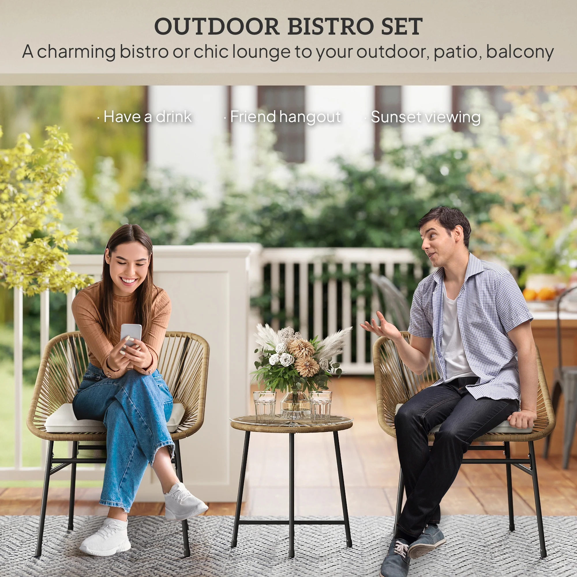 Outsunny Rattan Bistro Set, Small Balcony Furniture with Cushion, Light Grey - Image 12