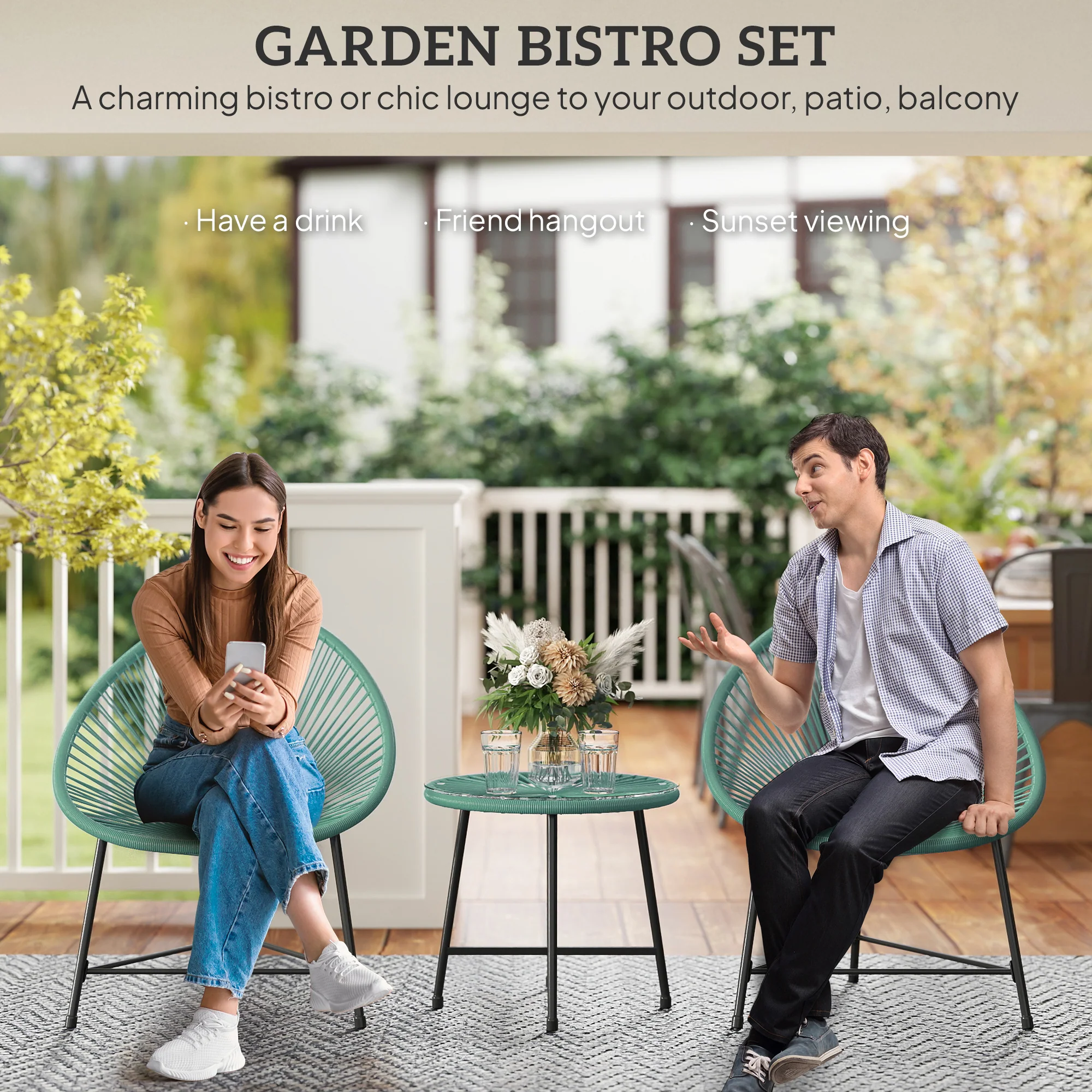 Outsunny Rattan Bistro Set With Acapulco Chairs And Glass Table, Green - Image 4