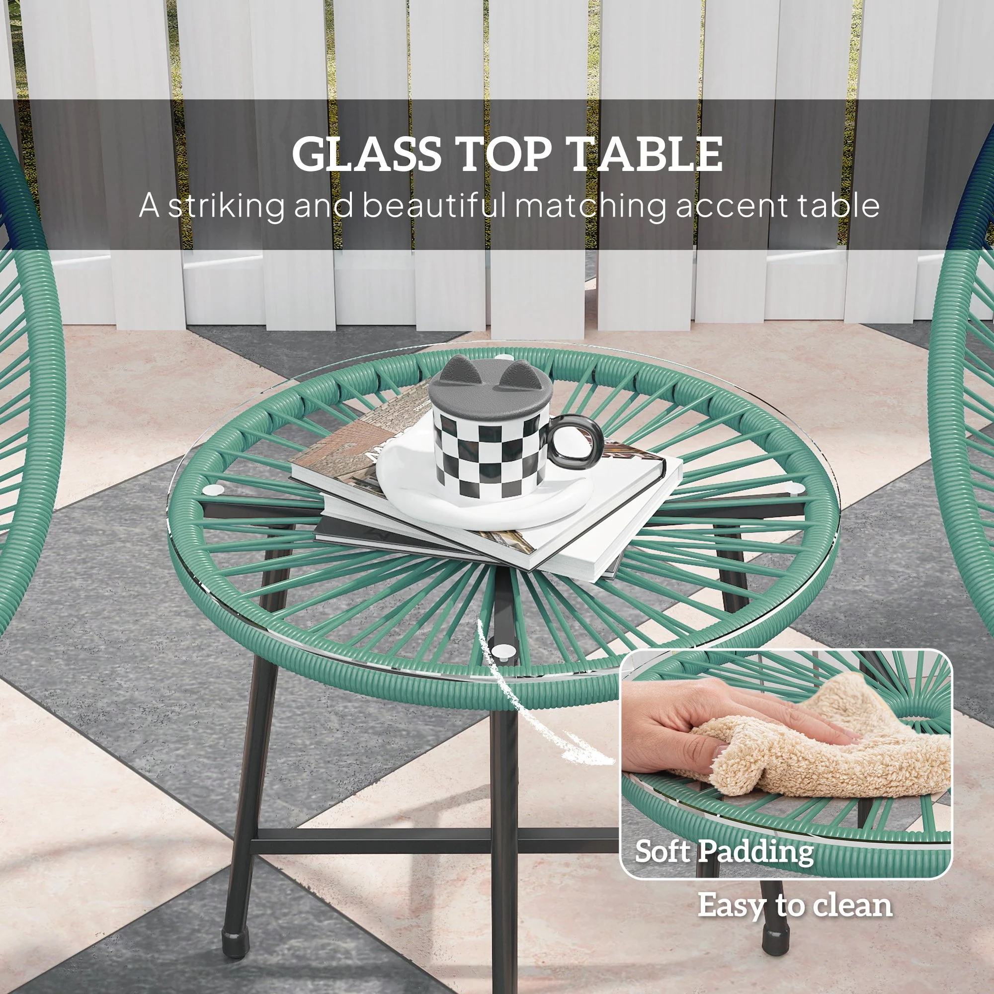 Outsunny Rattan Bistro Set With Acapulco Chairs And Glass Table, Green - Image 6