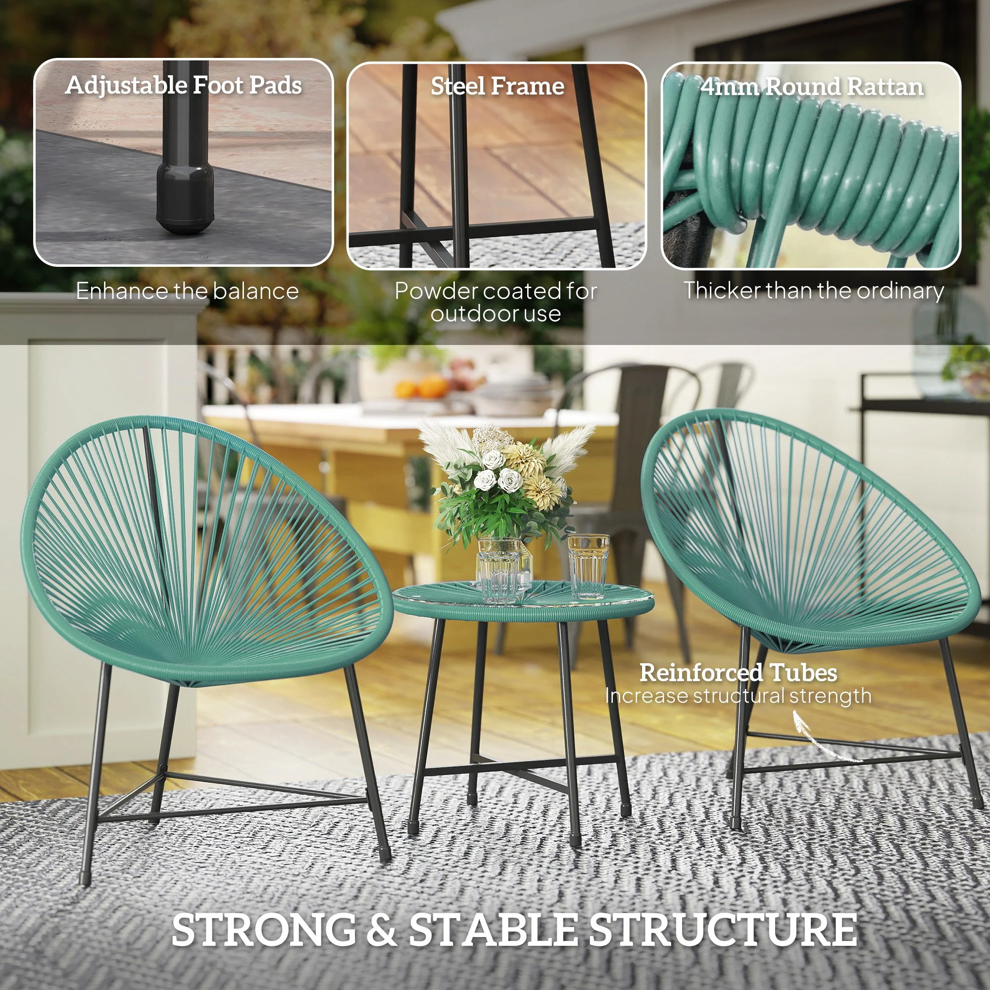 Outsunny Rattan Bistro Set With Acapulco Chairs And Glass Table, Green - Image 7