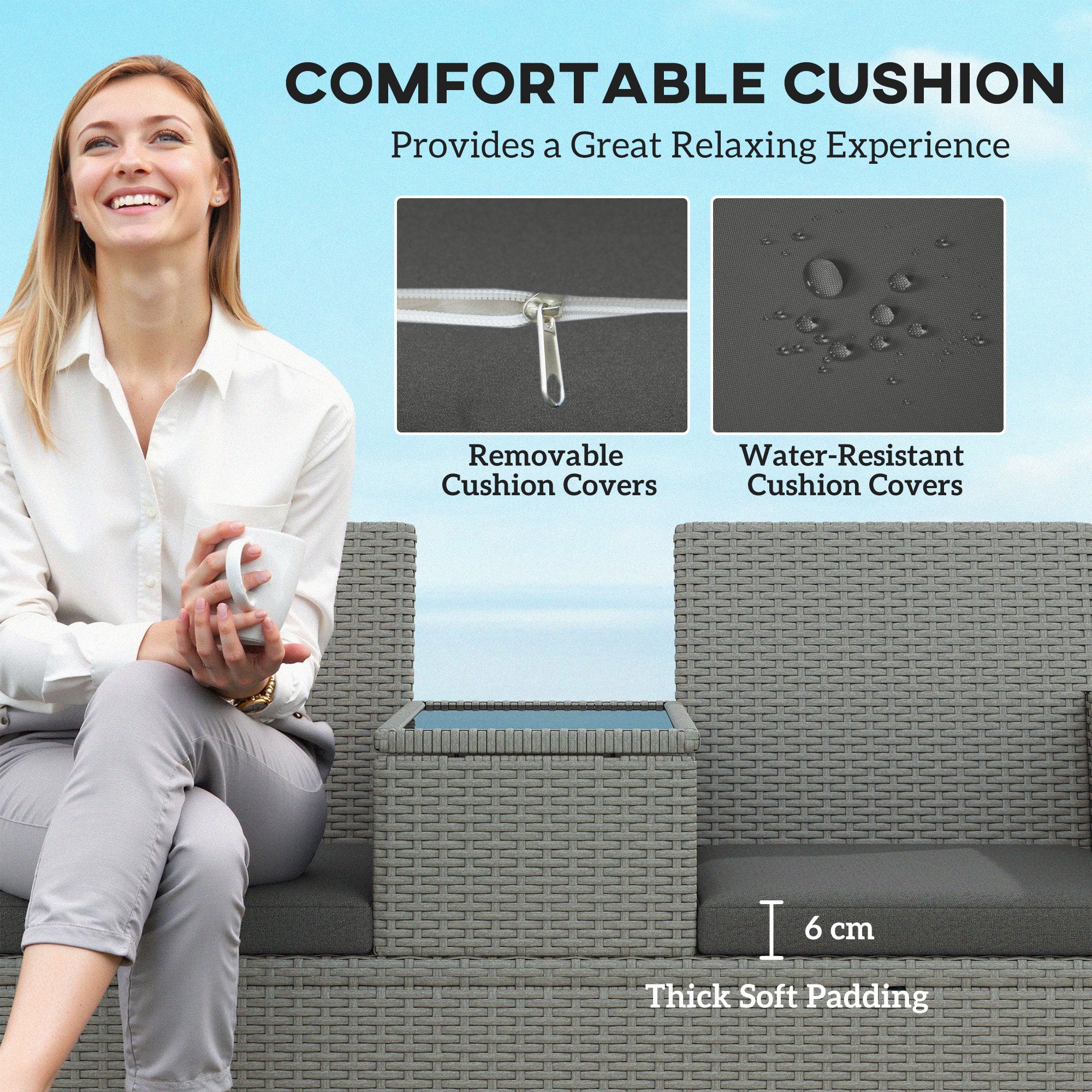 Outsunny Rattan Chair Garden Furniture Patio Companion Love Seat Table Grey - Image 4