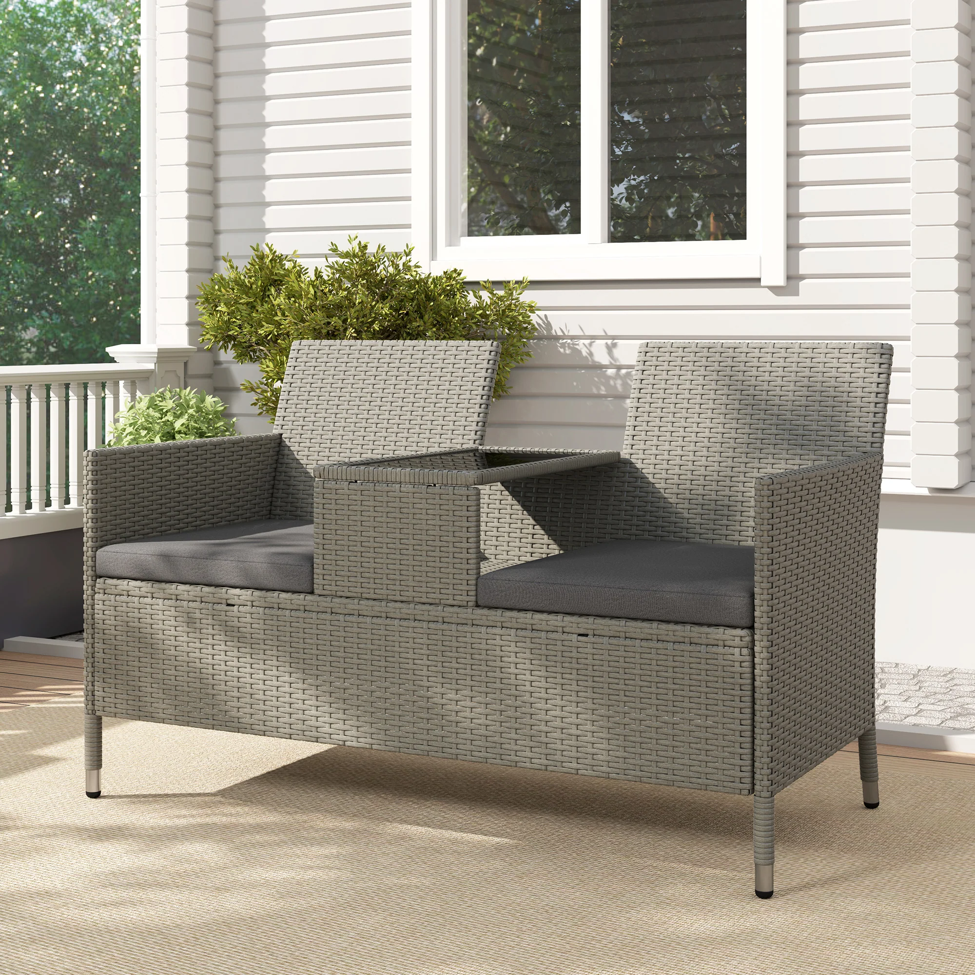Outsunny Rattan Chair Garden Furniture Patio Companion Love Seat Table Grey - Image 7