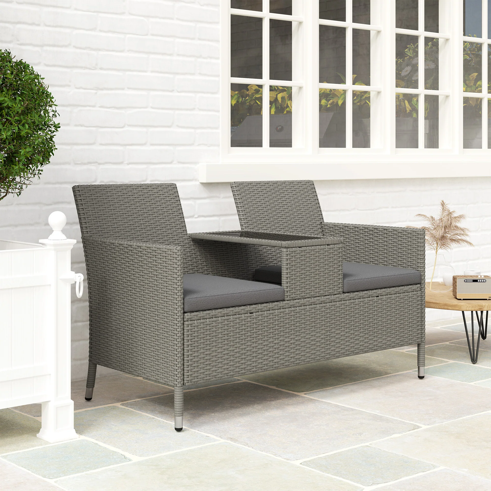 Outsunny Rattan Chair Garden Furniture Patio Companion Love Seat Table Grey - Image 8