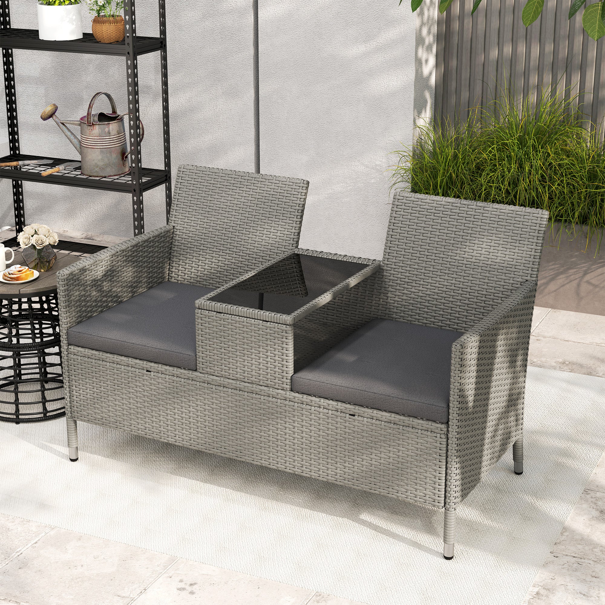 Outsunny Rattan Chair Garden Furniture Patio Companion Love Seat Table Grey - Image 9
