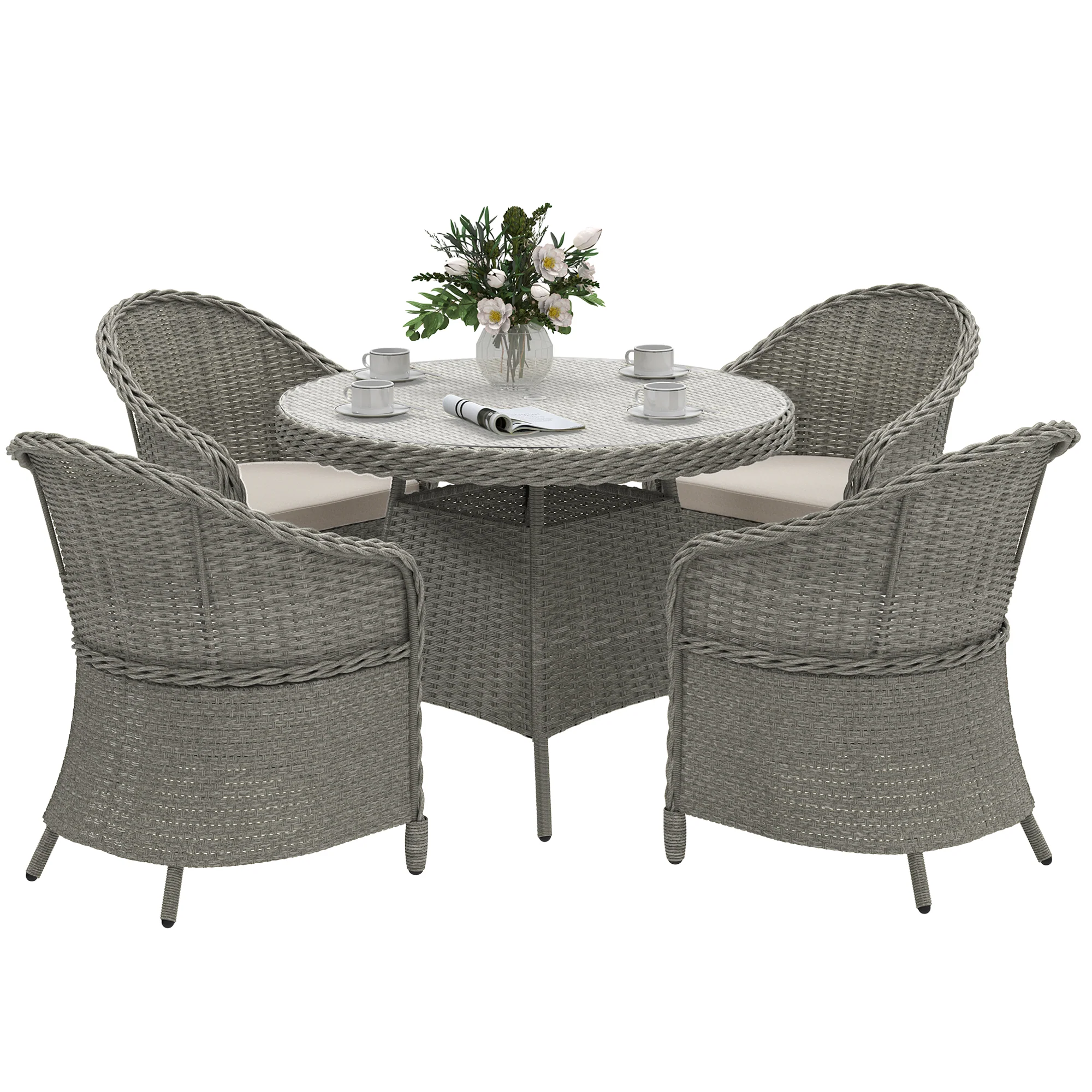 Outsunny Rattan Dining Set For 4 With Cushions And Umbrella Hole, Grey
