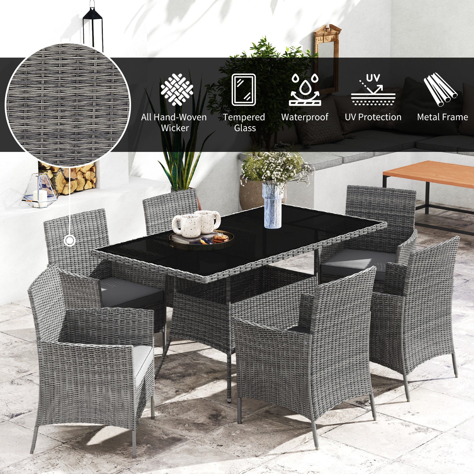 Outsunny Rattan Dining Set for 6 with Cushions, Glass Top Table - Image 3