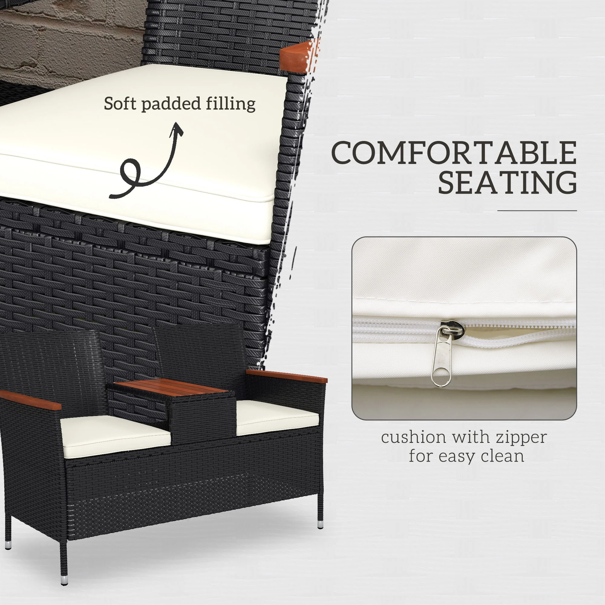 Outsunny Rattan Garden Bench w/ Wood Top Table, Wicker Chair w/ Cushions, Black - Image 4
