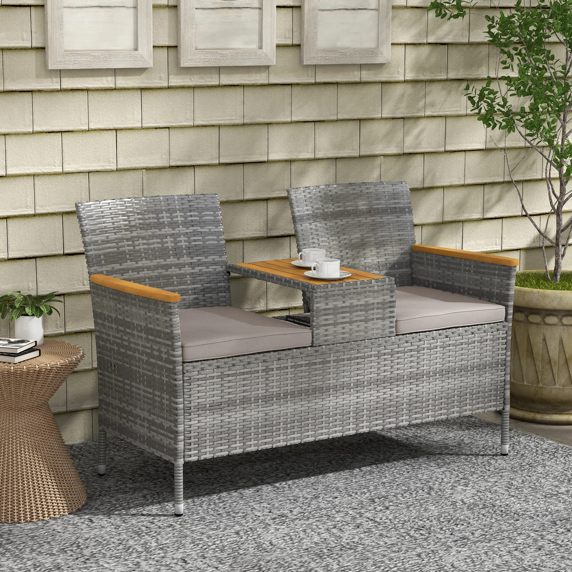 Outsunny Rattan Garden Bench w/ Wood Top Table, Wicker Chair w/ Cushions, Grey - Image 2