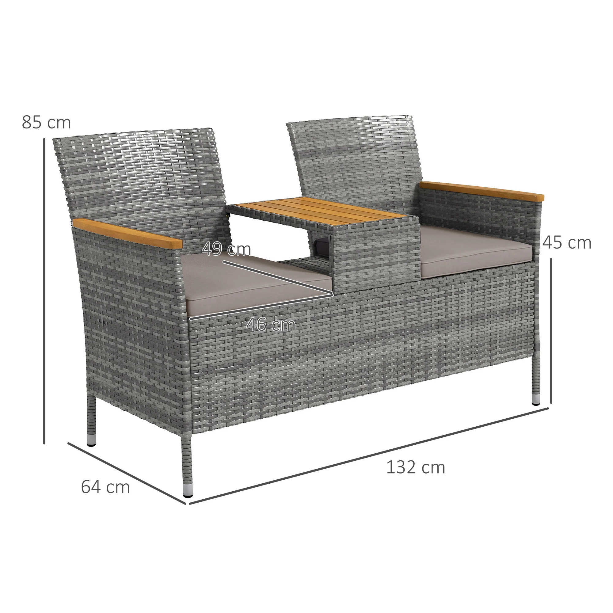 Outsunny Rattan Garden Bench w/ Wood Top Table, Wicker Chair w/ Cushions, Grey - Image 5