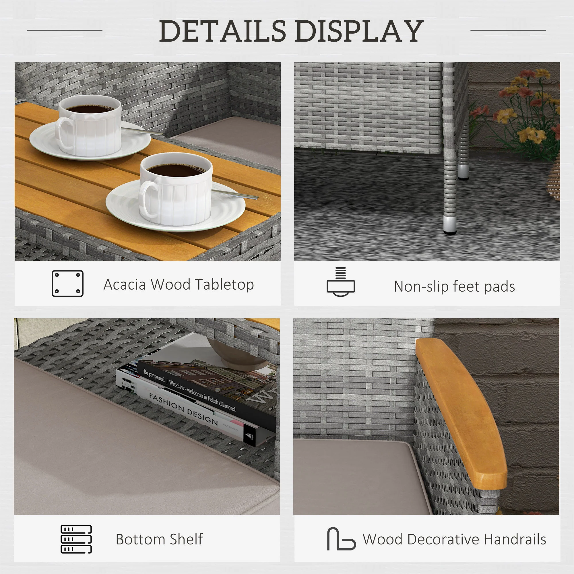 Outsunny Rattan Garden Bench w/ Wood Top Table, Wicker Chair w/ Cushions, Grey - Image 6