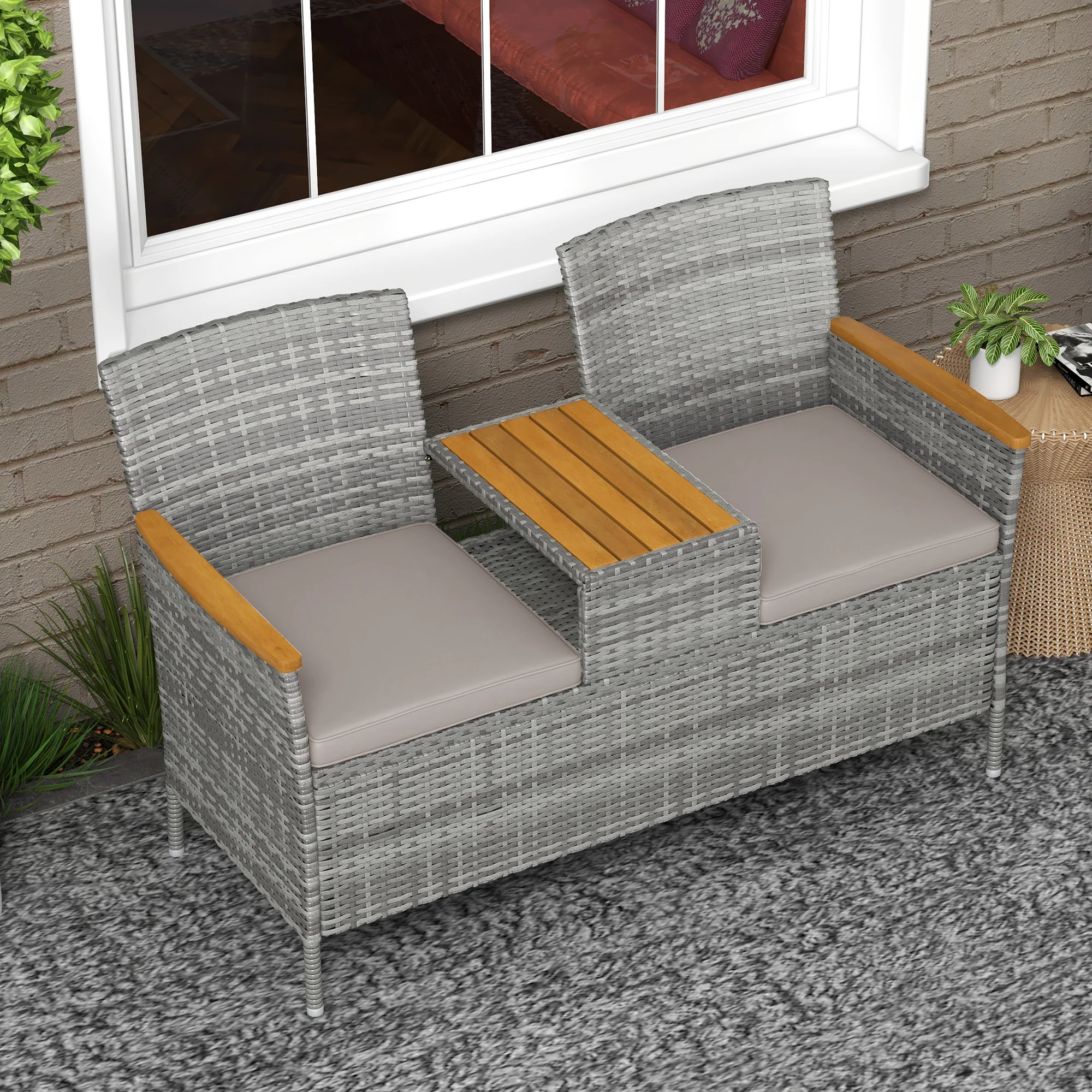 Outsunny Rattan Garden Bench w/ Wood Top Table, Wicker Chair w/ Cushions, Grey - Image 7
