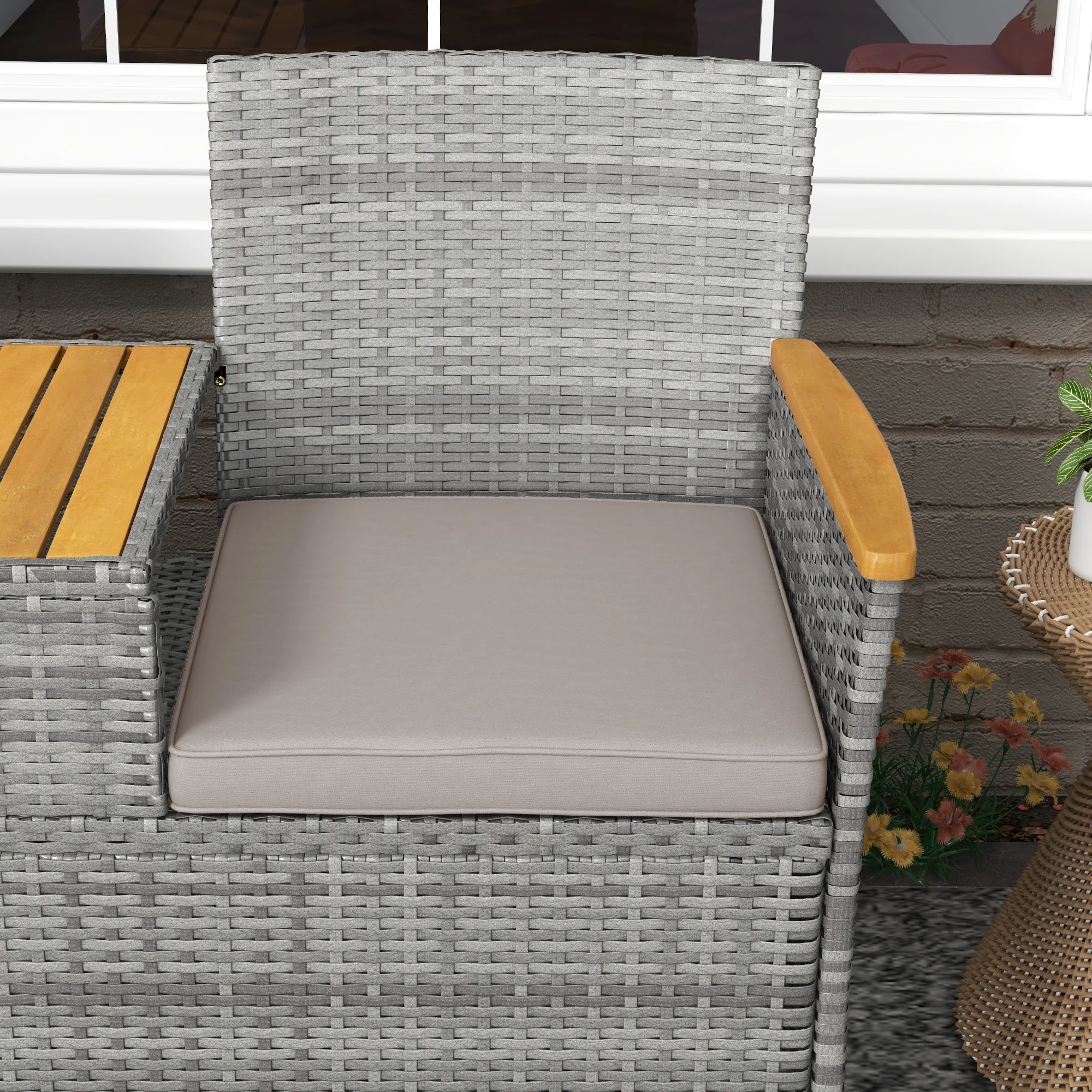 Outsunny Rattan Garden Bench w/ Wood Top Table, Wicker Chair w/ Cushions, Grey - Image 8