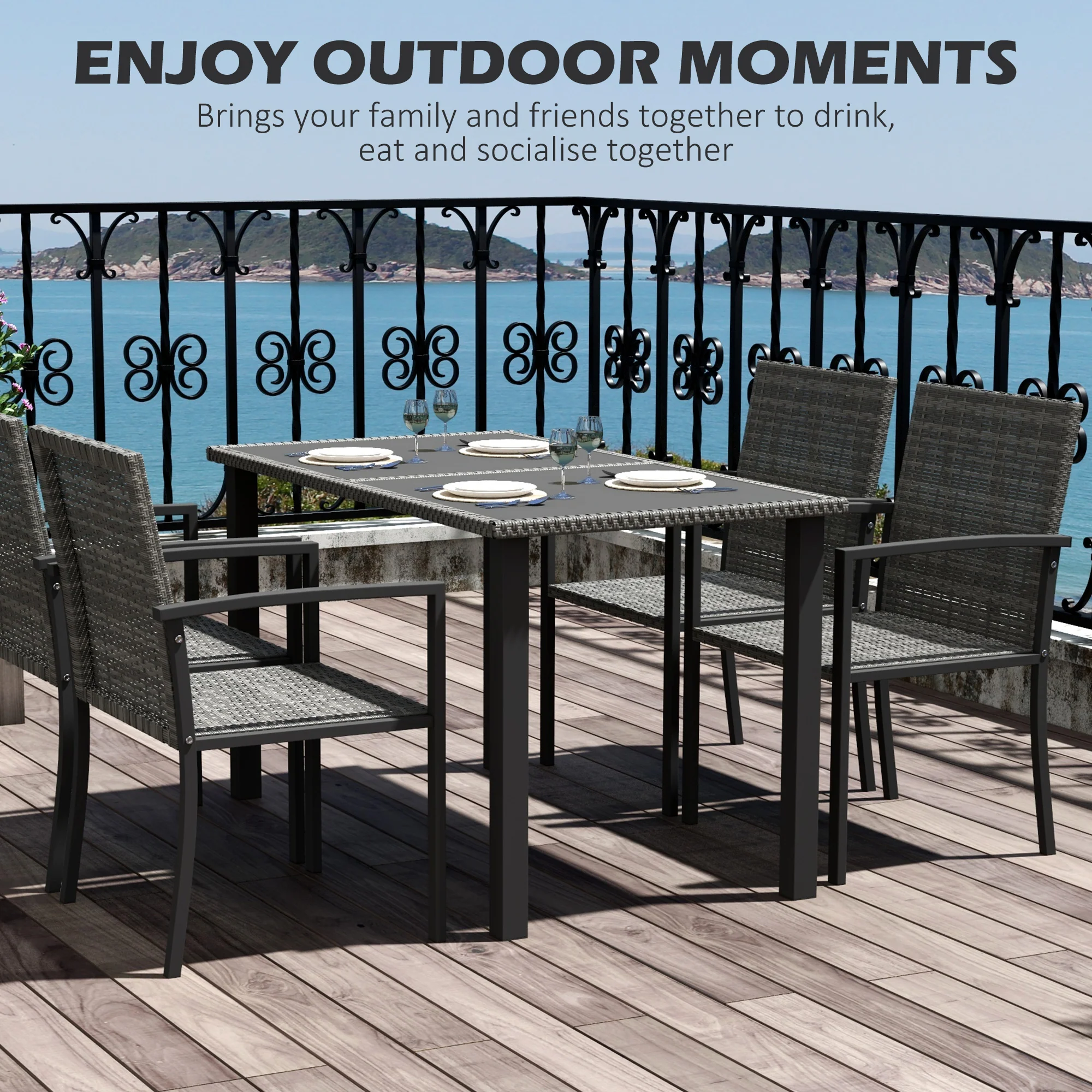 Outsunny Rattan Garden Furniture for 4, Dining Table and Chairs, Grey - Image 3