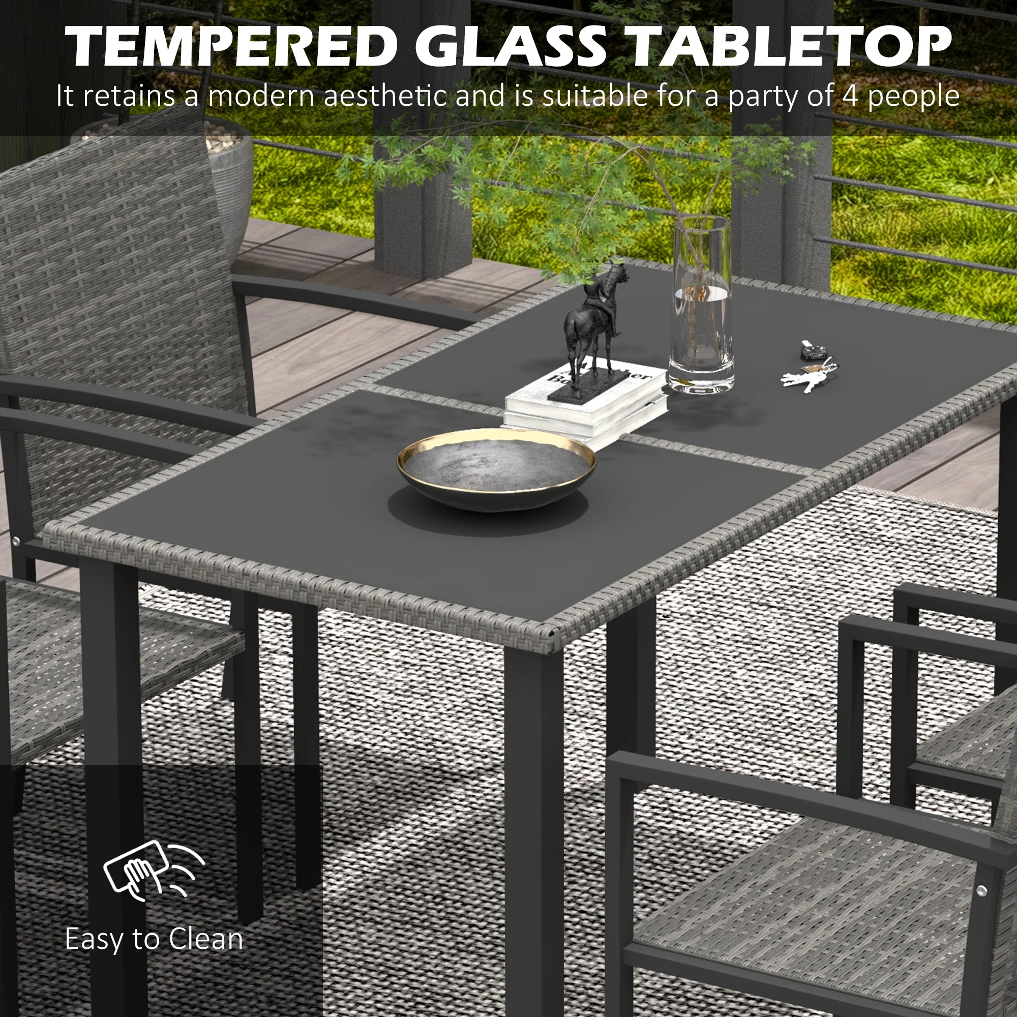 Outsunny Rattan Garden Furniture for 4, Dining Table and Chairs, Grey - Image 4