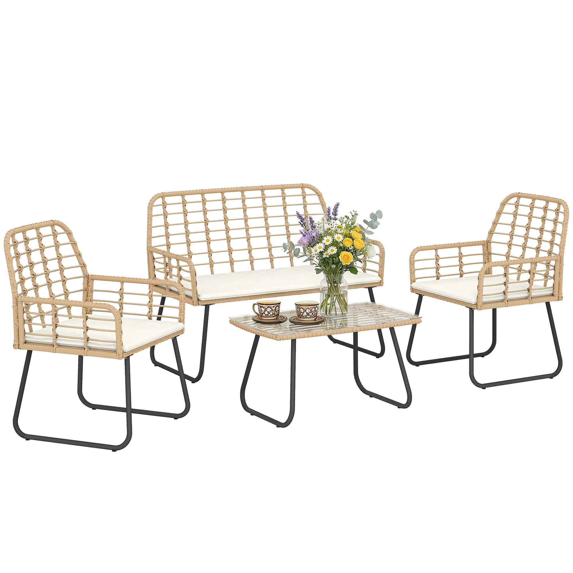 Outsunny Rattan Garden Furniture Set, 4 Piece Outdoor Patio Furniture