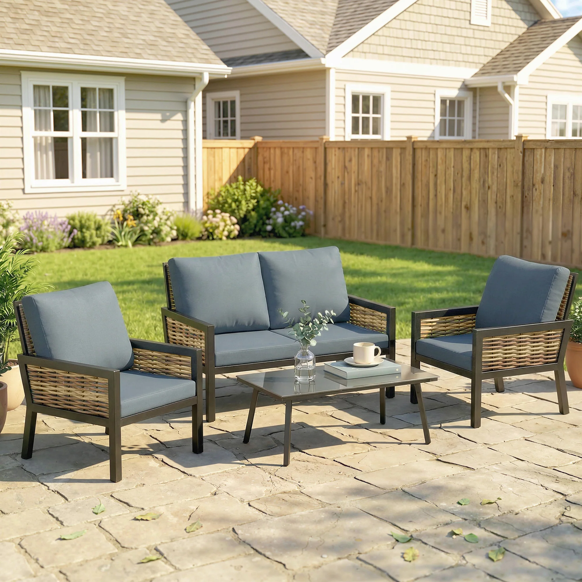 Outsunny Rattan Garden Furniture Set, Outdoor Furniture Conversation Set - Image 2
