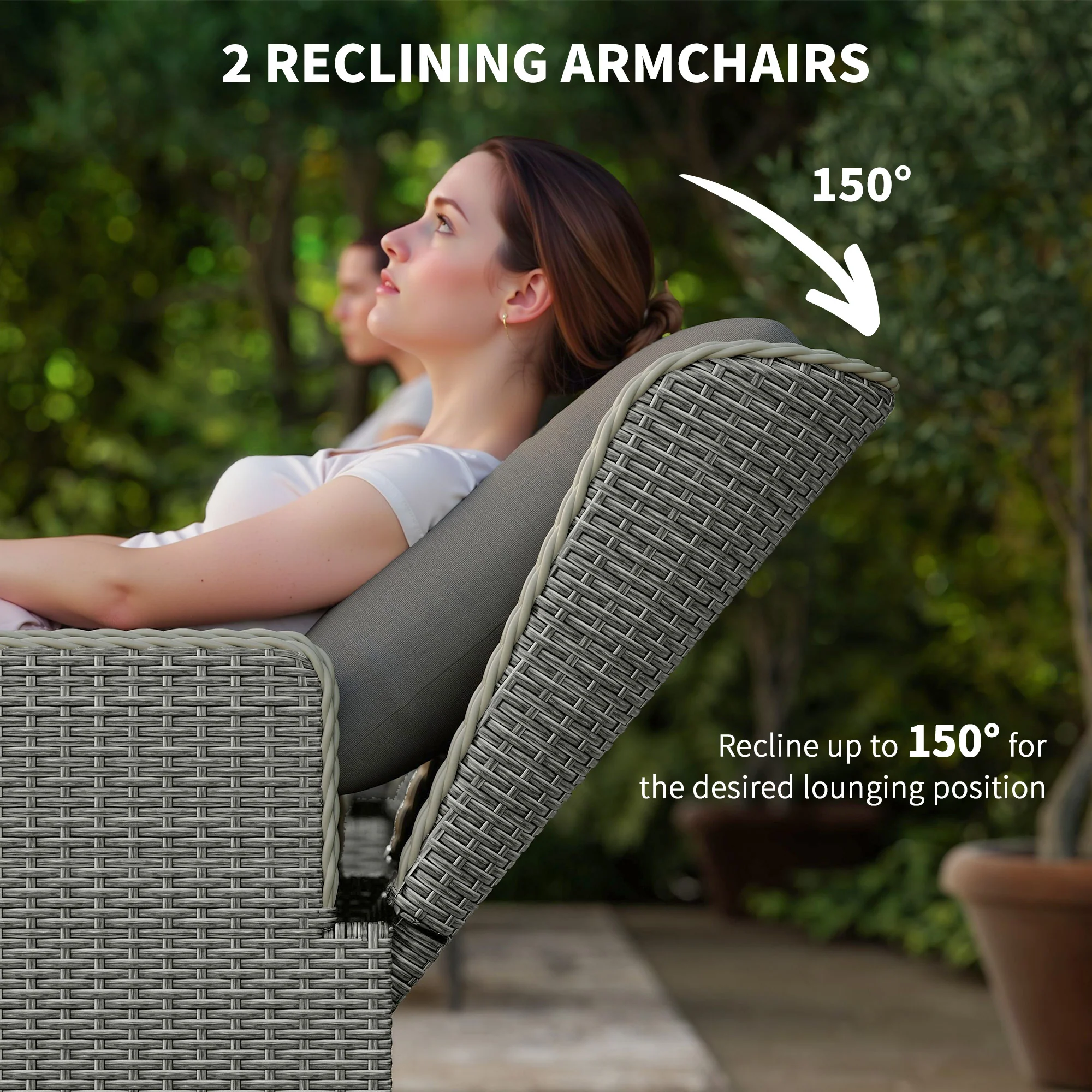 Outsunny Rattan Garden Furniture Set with Footstools Armchairs Charcoal Grey - Image 3